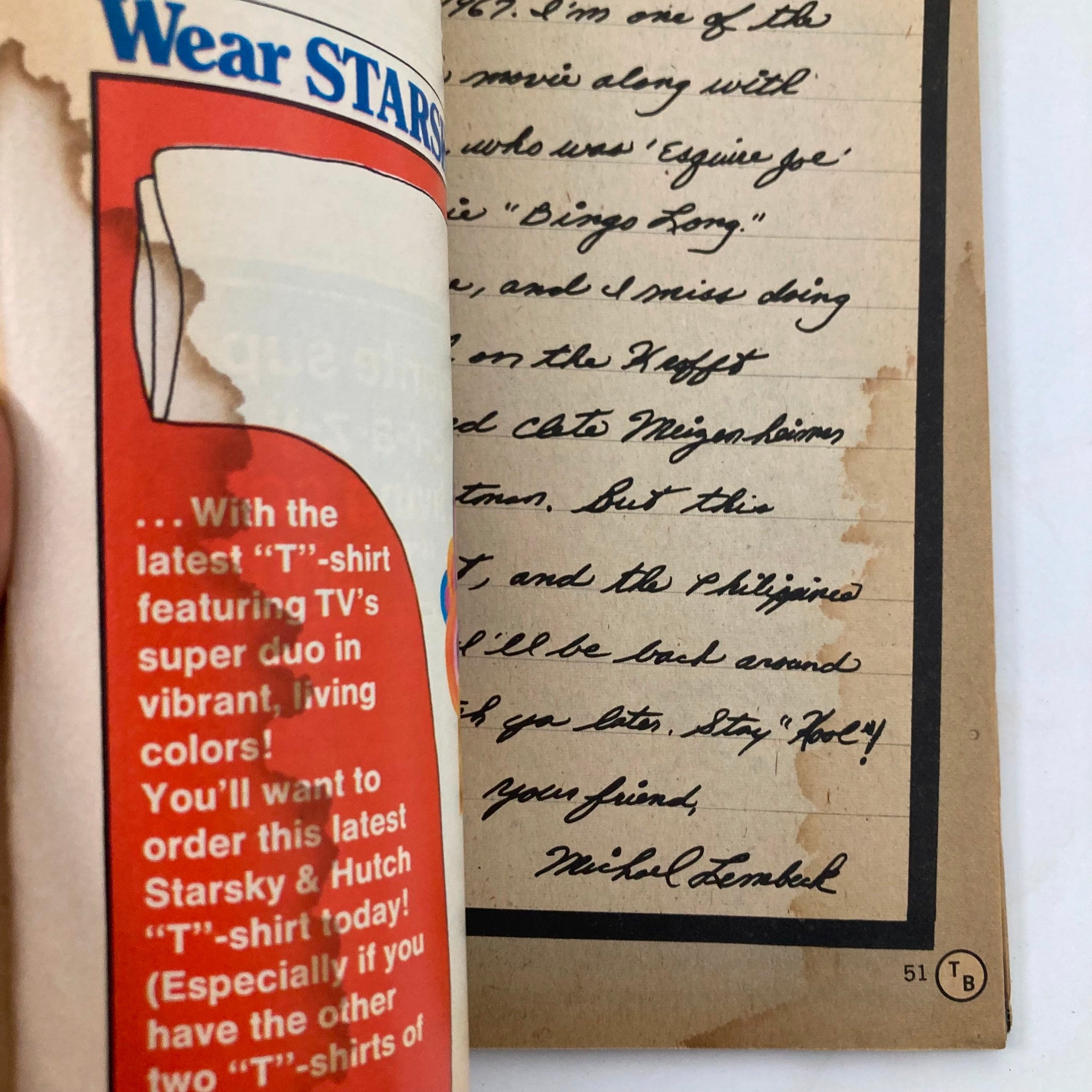 Inside page of Tiger Beat Super Special #3 1977 showcasing a vintage Starsky & Hutch T-shirt advertisement alongside handwritten notes.