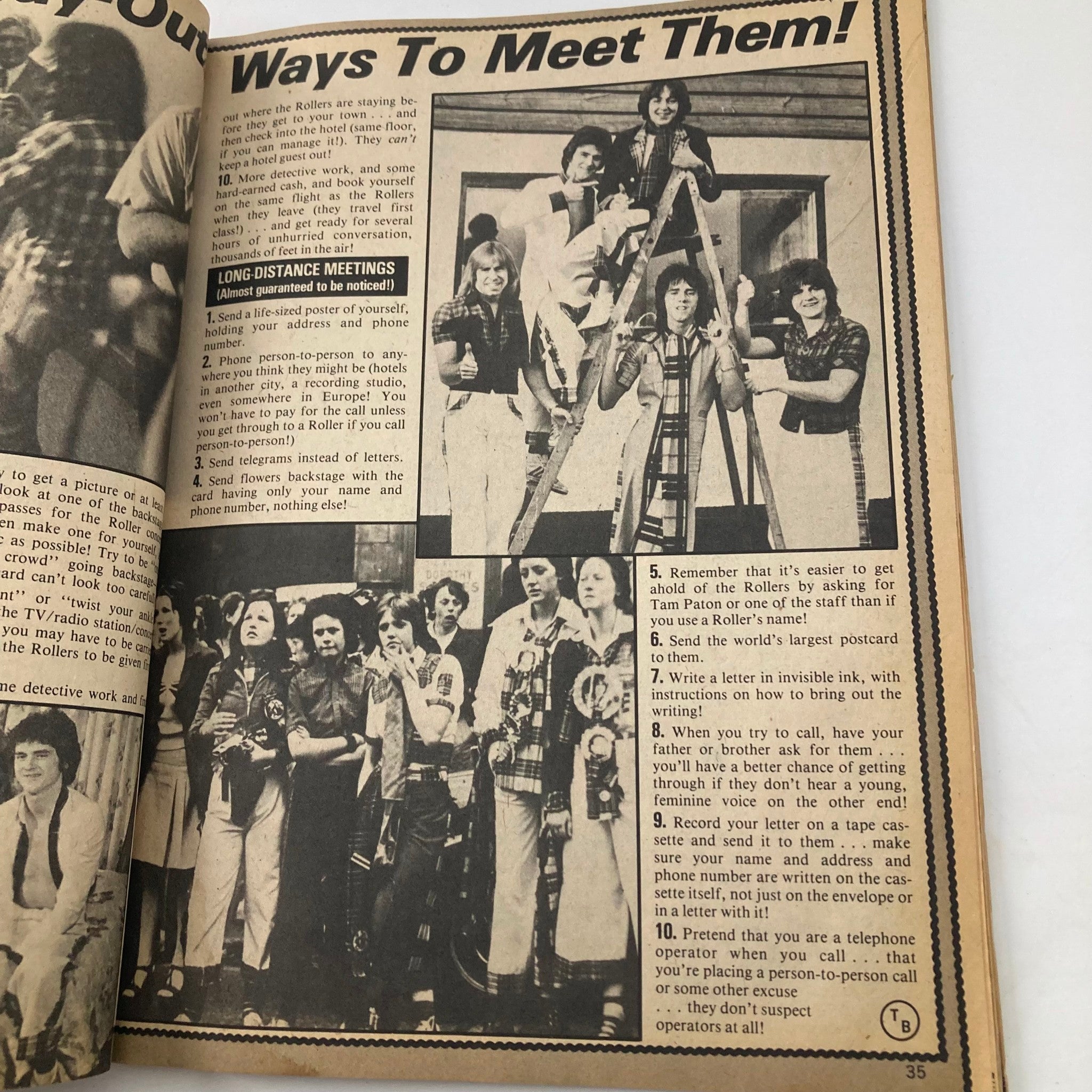 An old magazine page from the 1977 Tiger Beat Super Special #3, displaying tips on how to meet celebrities, specifically featuring a group of star fans. This vintage image highlights the nostalgia of the era with its black and white photography.