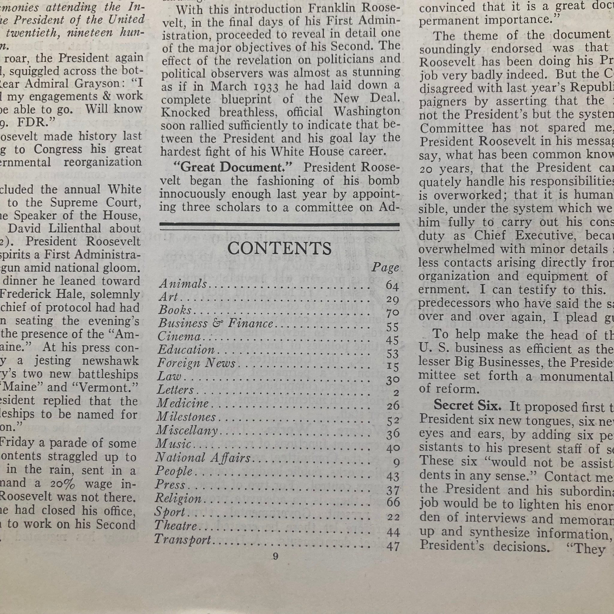 Contents page of the January 25, 1937 issue of Time Magazine, listing various topics such as politics, business, and arts. This page offers an overview of the magazine's focus during that period.