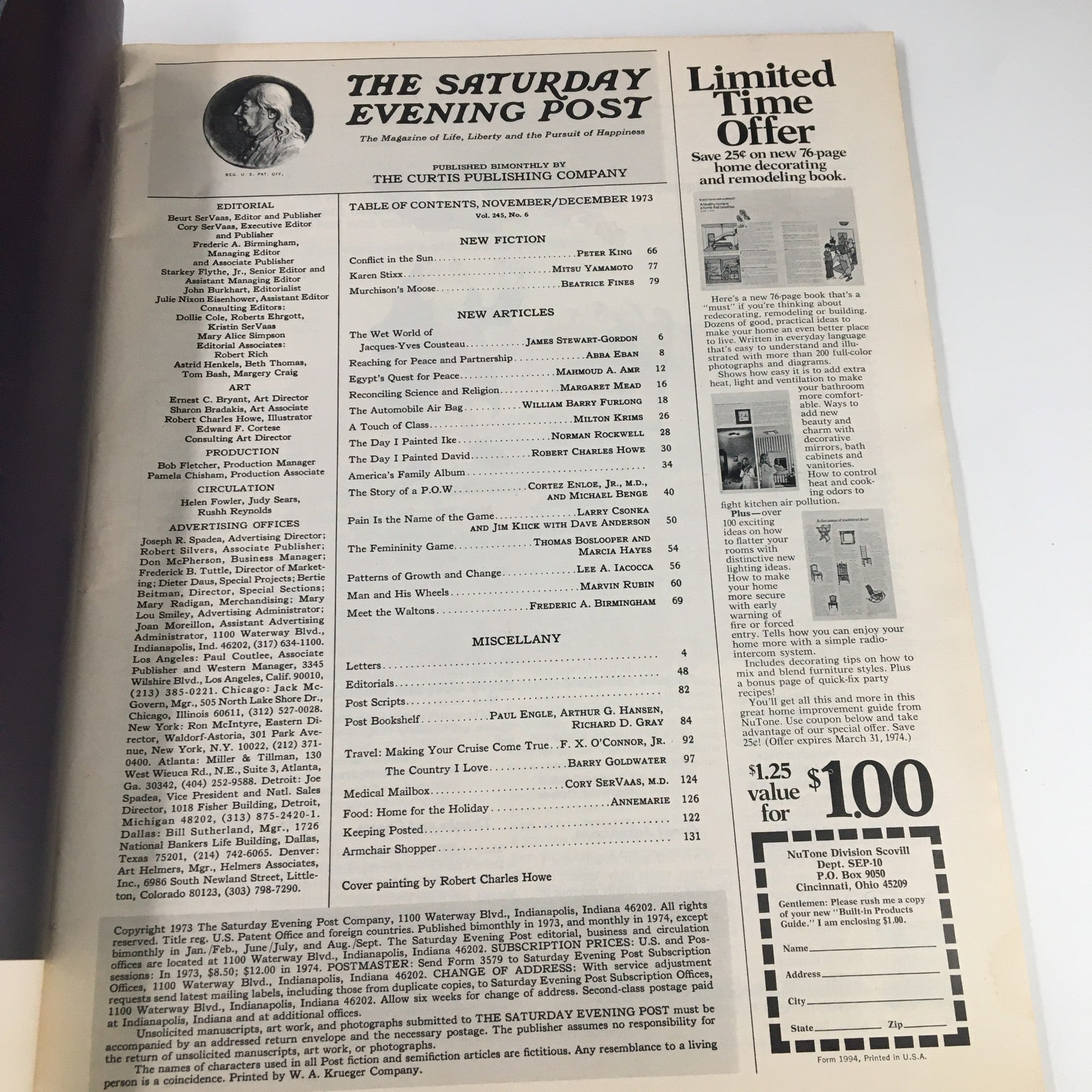 The Saturday Evening Post November 1973 contents page listing articles including Abba Eban on Middle East issues, with details about various literary and cultural contributions in this vintage magazine.