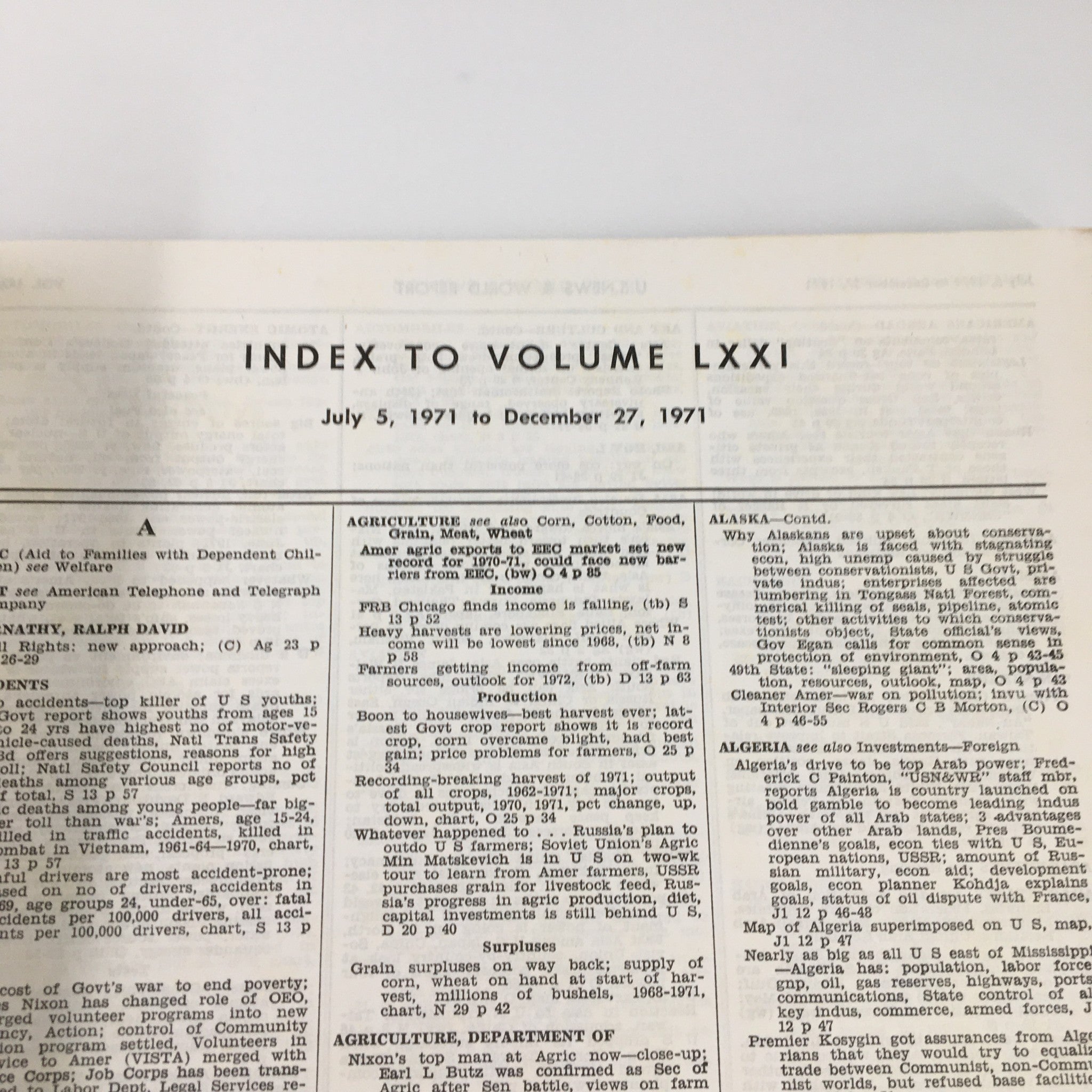 US News & World Report Magazine July 5 1971 Index to Volume LXXI No Label