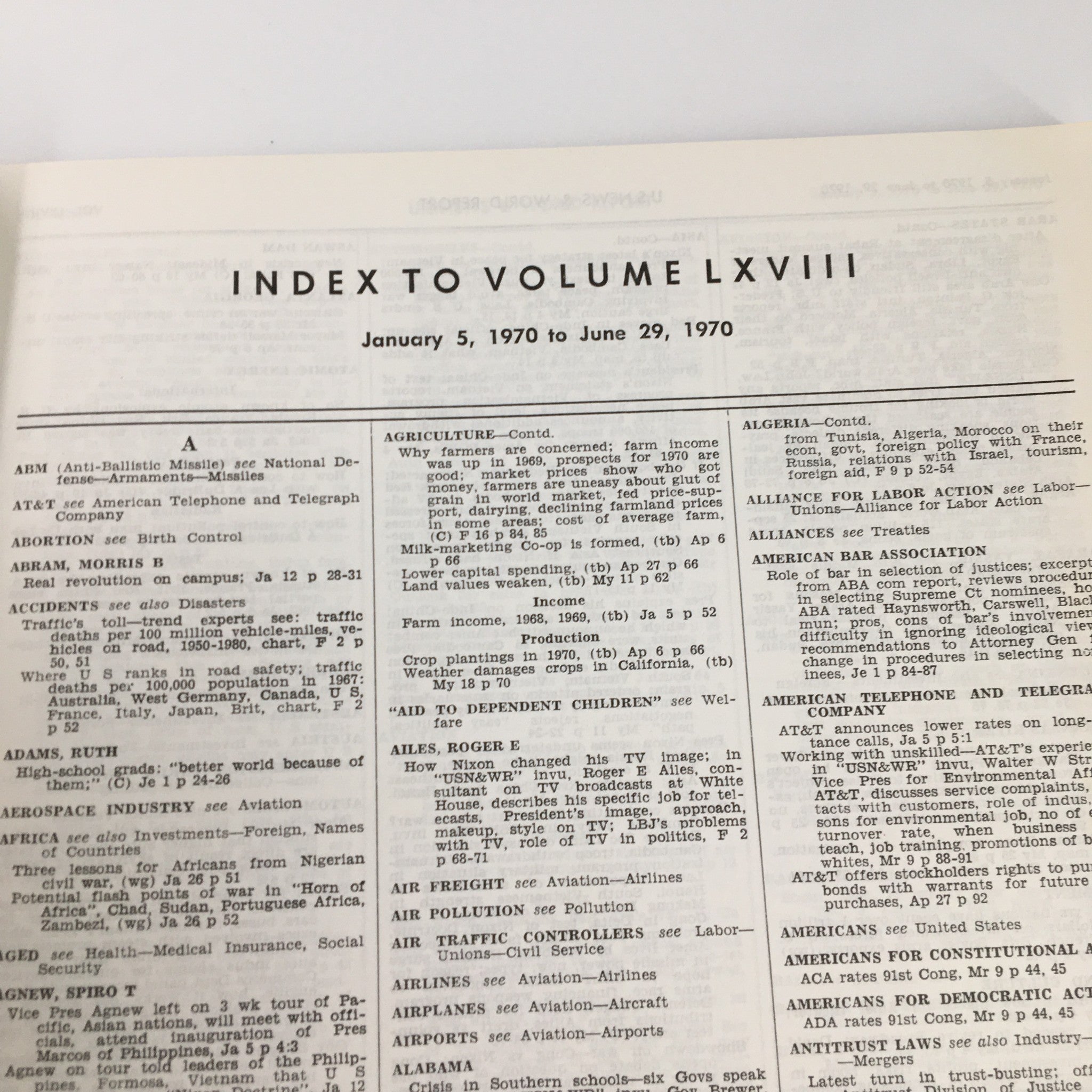 US News & World Report Magazine January 5 1970 Index to Volume LXVIII No Label