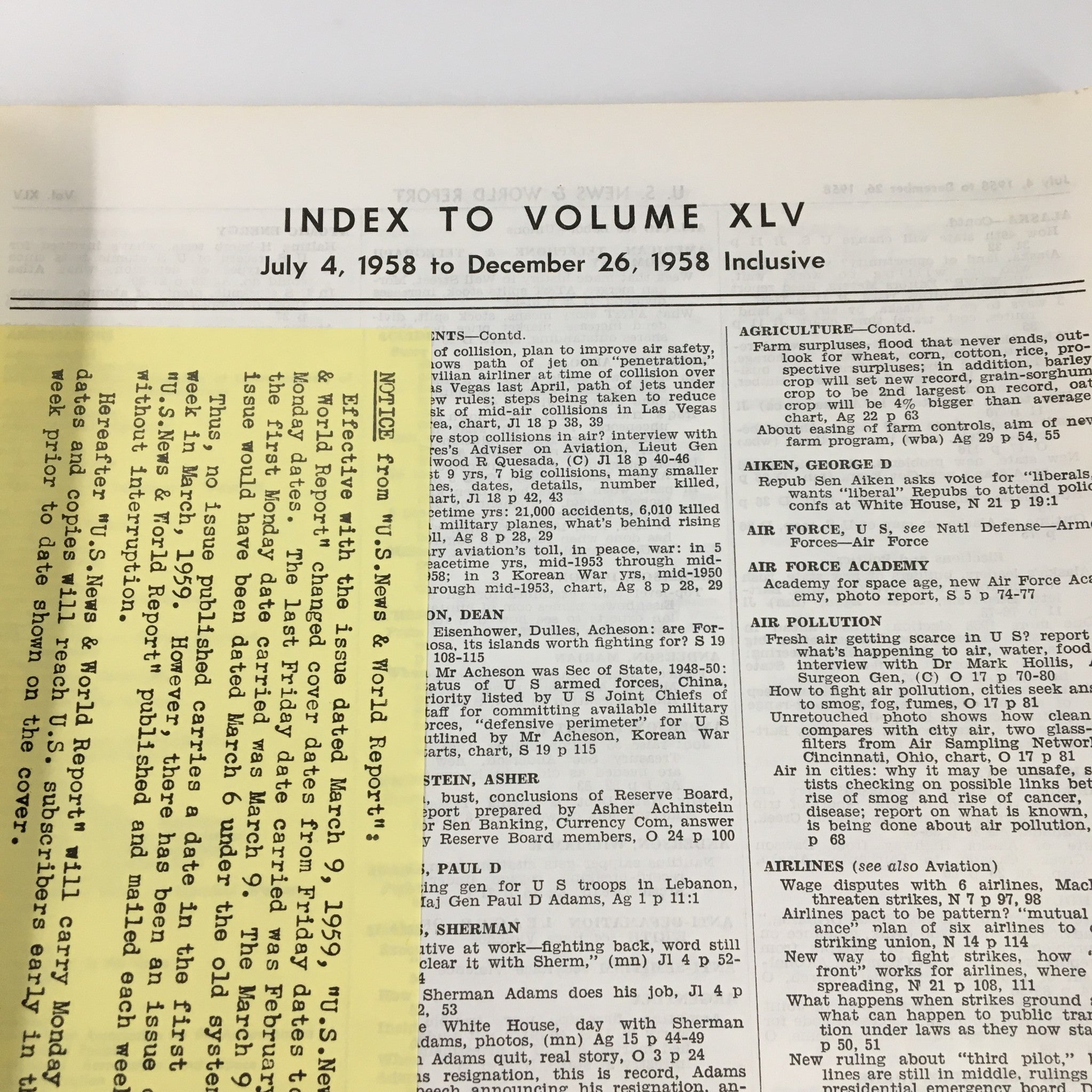 US News & World Report Magazine July 4 1958 Index to Volume XLV No Label