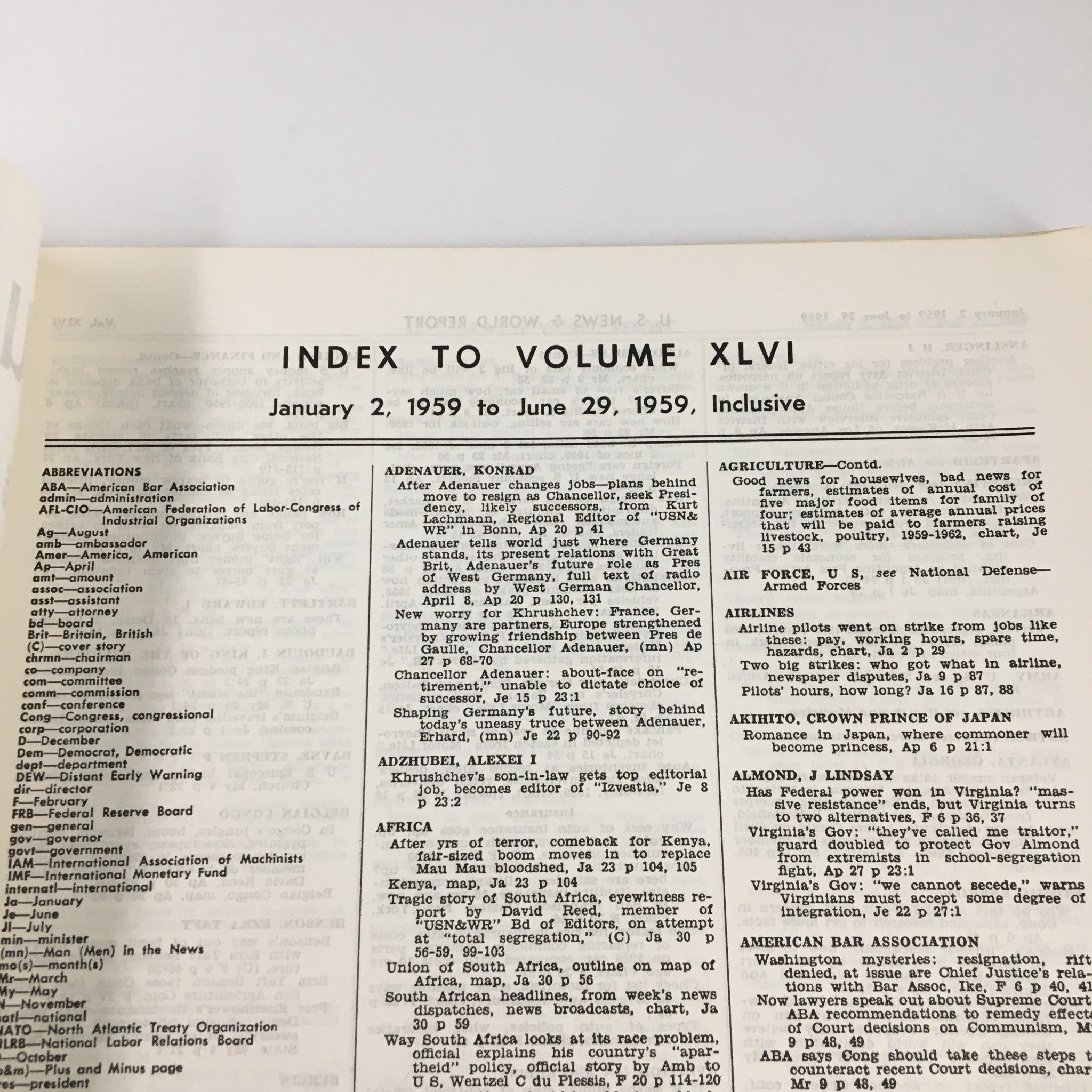 US News & World Report Magazine January 2 1959 Index to Volume XLVI No Label