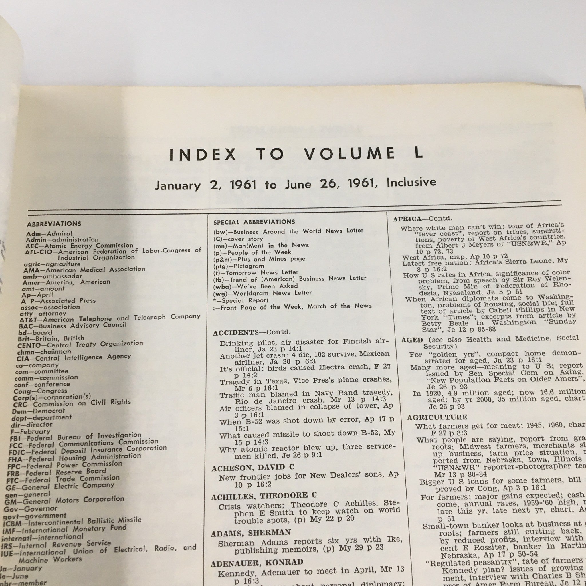 US News & World Report Magazine January 2 1961 Index to Volume L No Label