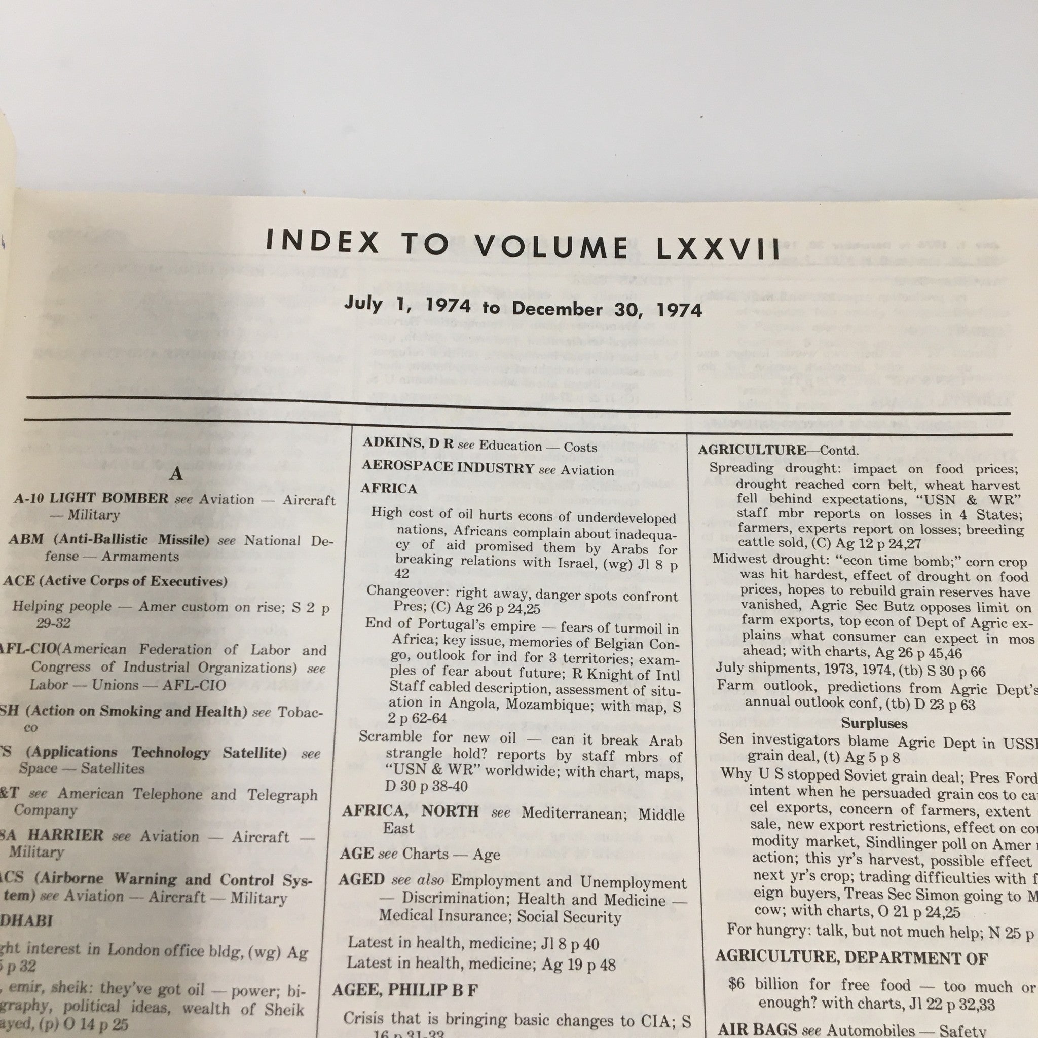 US News & World Report Magazine July 1 1974 Index to Volume LXXVII No Label