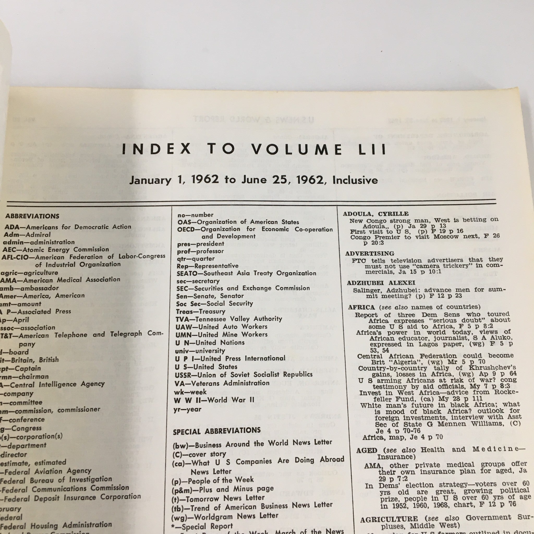 US News & World Report Magazine January 1 1962 Index to Volume LII No Label