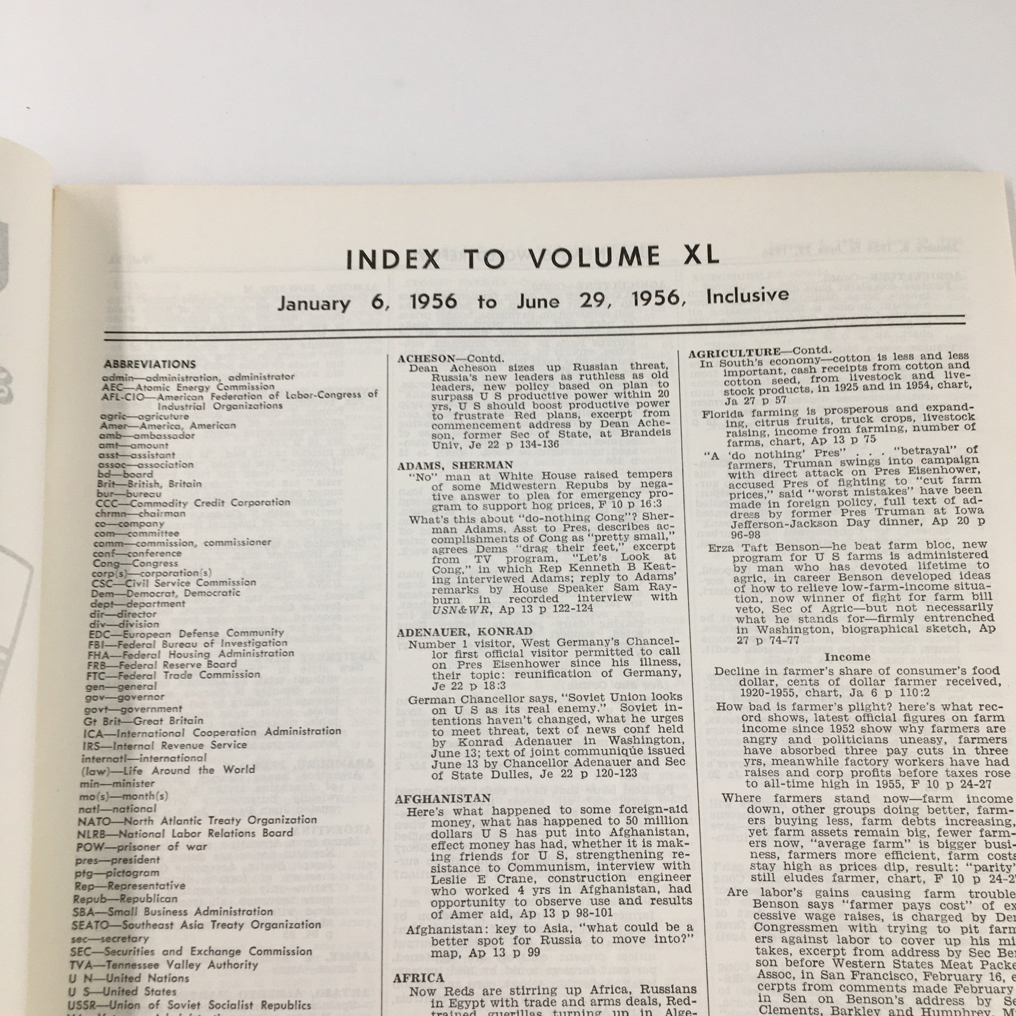 US News & World Report Magazine January 6 1956 Index to Volume XL No Label