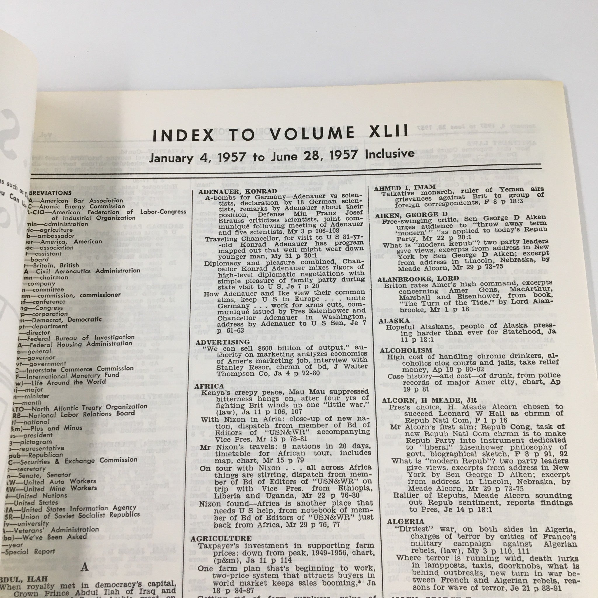 US News & World Report Magazine January 4 1957 Index to Volume XLII No Label