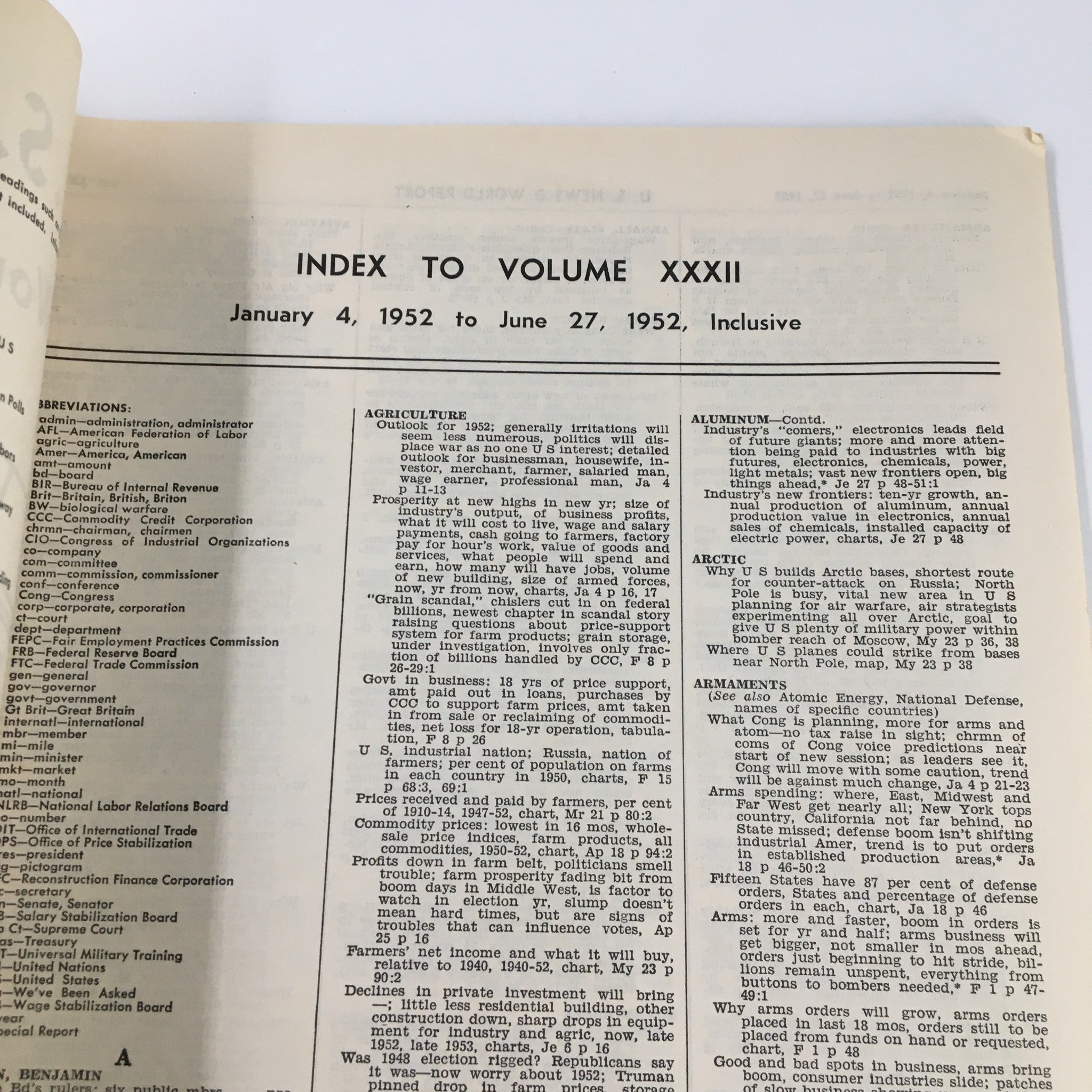 US News & World Report Magazine January 4 1952 Index to Volume XXXII No Label