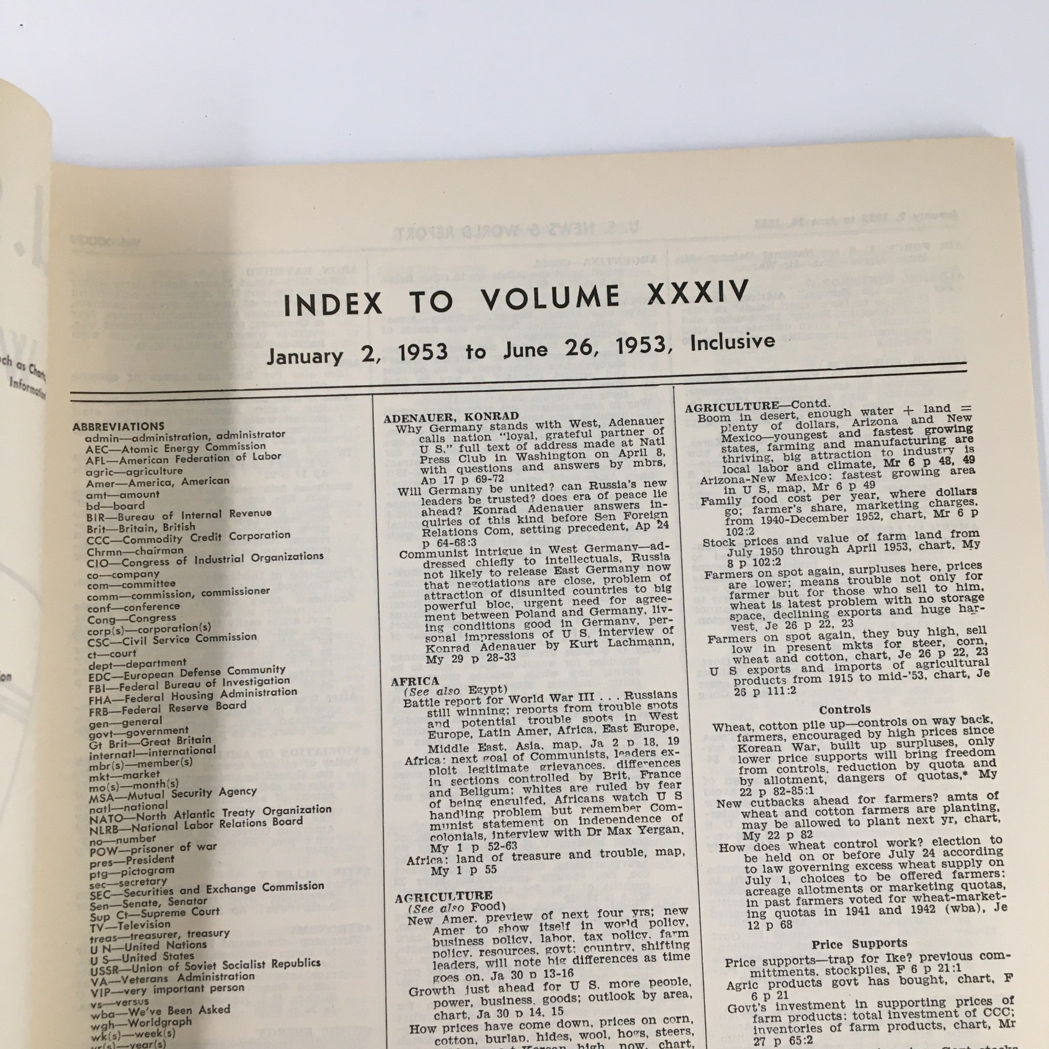 US News & World Report Magazine January 2 1953 Index to Volume XXXIV No Label