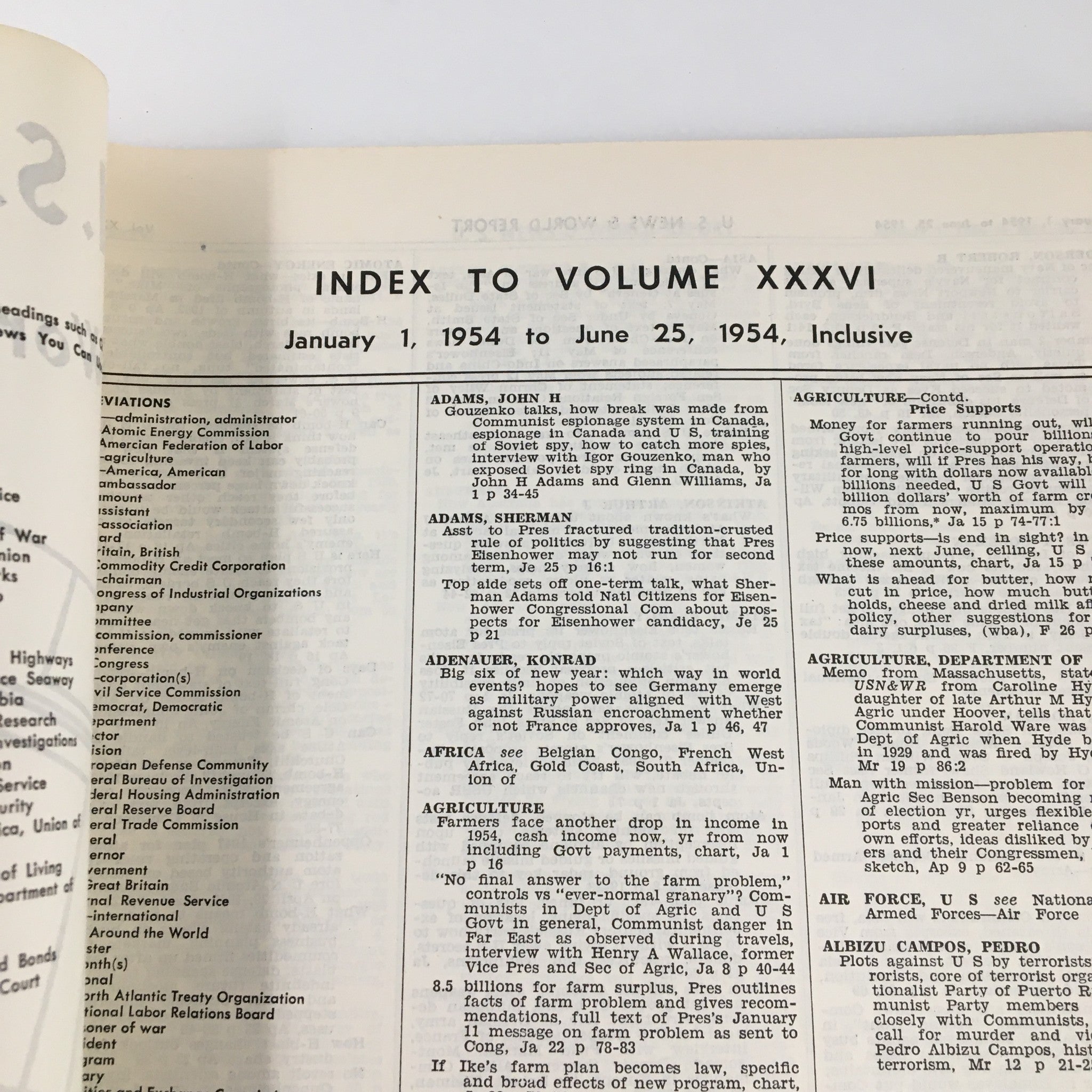 US News & World Report Magazine January 1 1954 Index to Volume XXXVI No Label