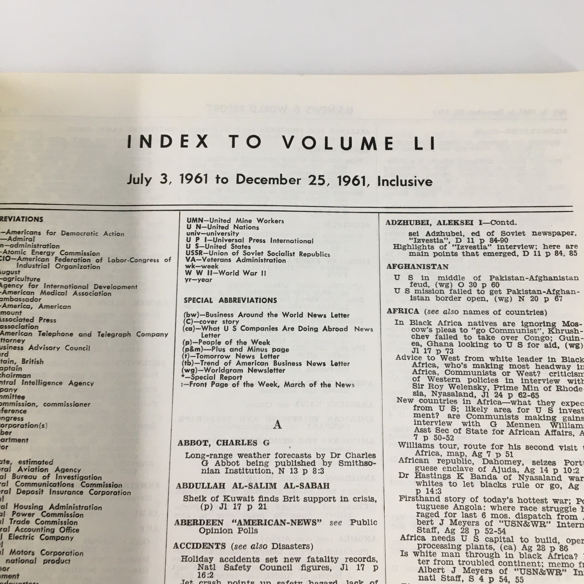 US News & World Report Magazine July 3 1961 Index to Volume LI No Label