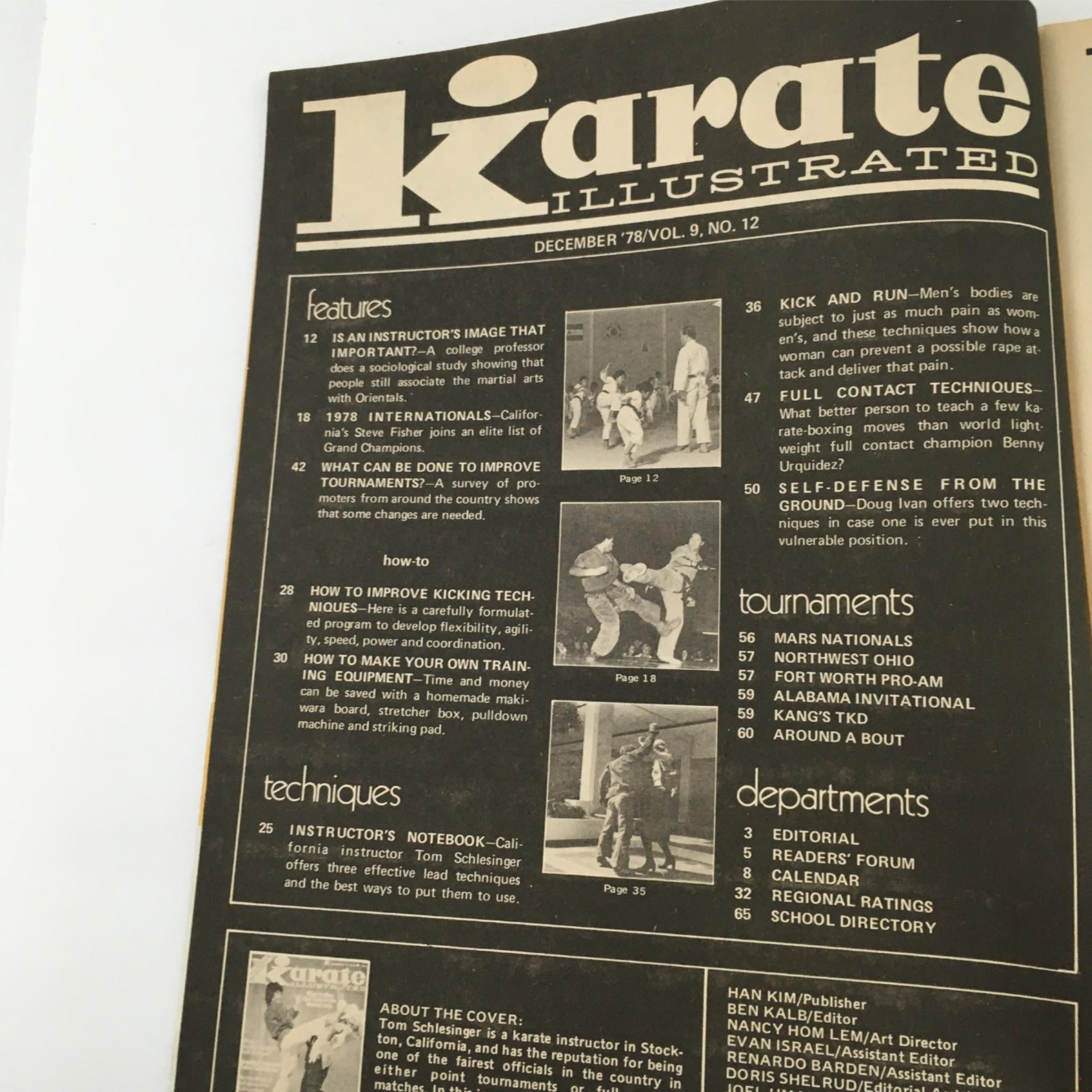 Contents page of Karate Illustrated Magazine December 1978, highlighting articles on tournament improvements, kicking techniques, and martial arts training equipment.