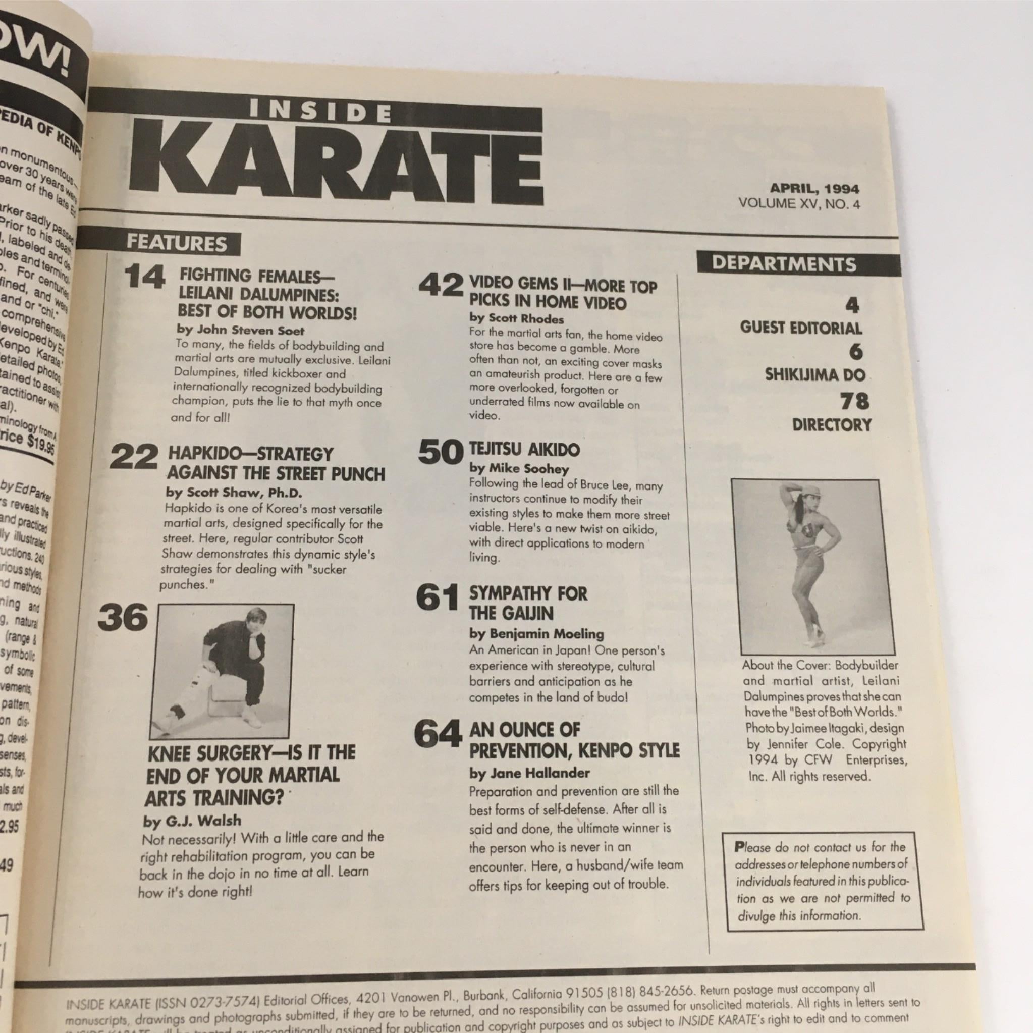 Table of contents page from Inside Karate Magazine April 1994, highlighting features including martial arts techniques and training insights.