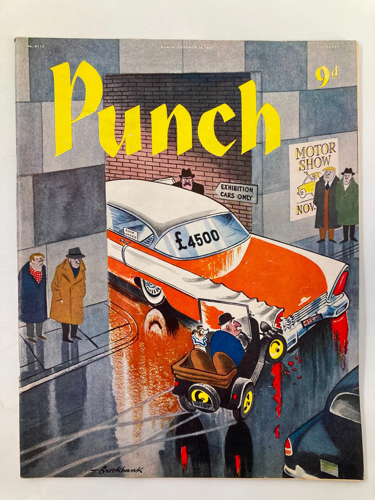 Vintage Punch Magazine October 16 1957 cover featuring a humorous cartoon of a car and people in a city setting, showcasing post-WWII British humor.