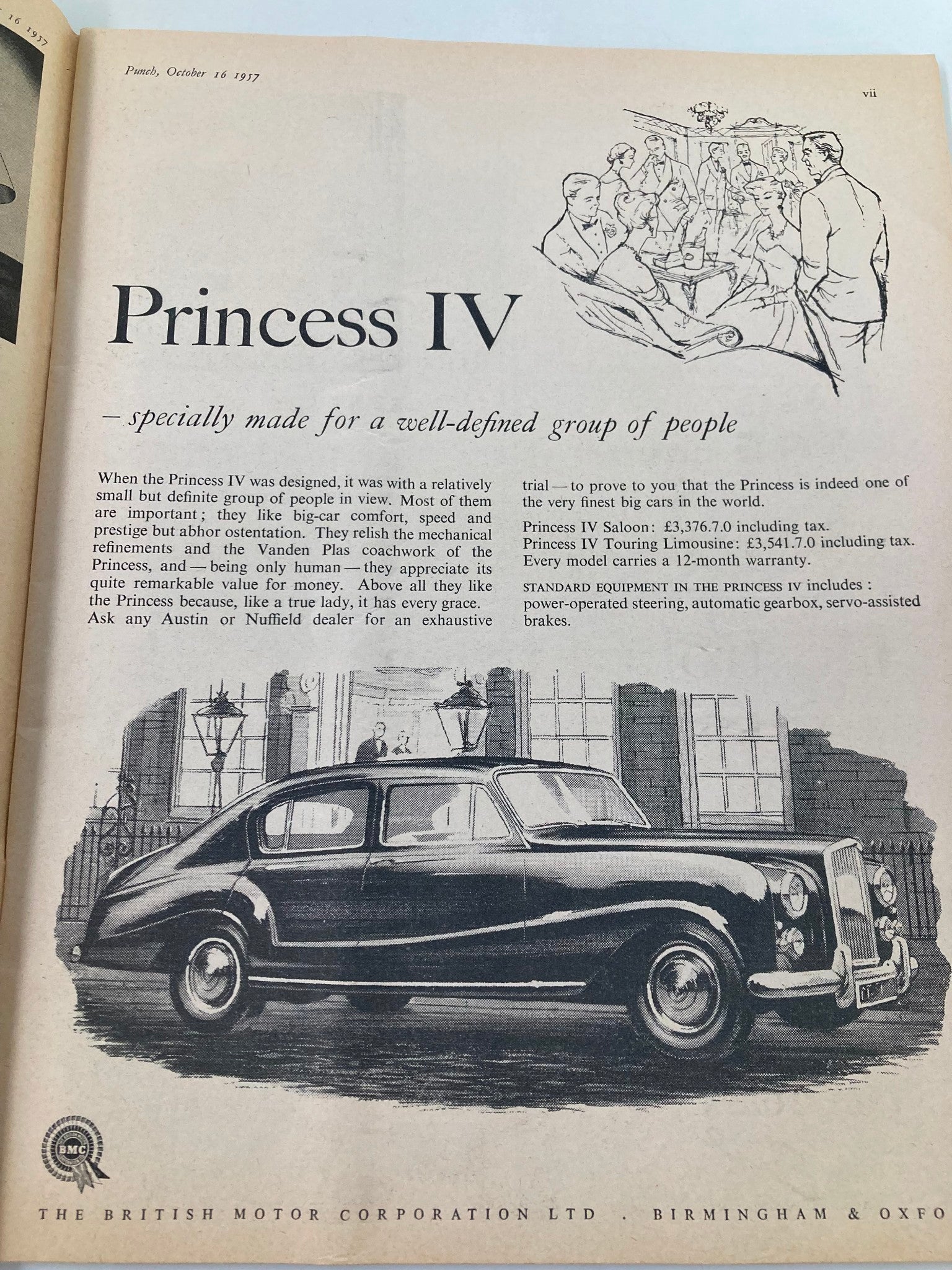 Interior page of the Vintage Punch Magazine October 16 1957 highlighting an advertisement for the Princess IV car, designed for a refined audience.
