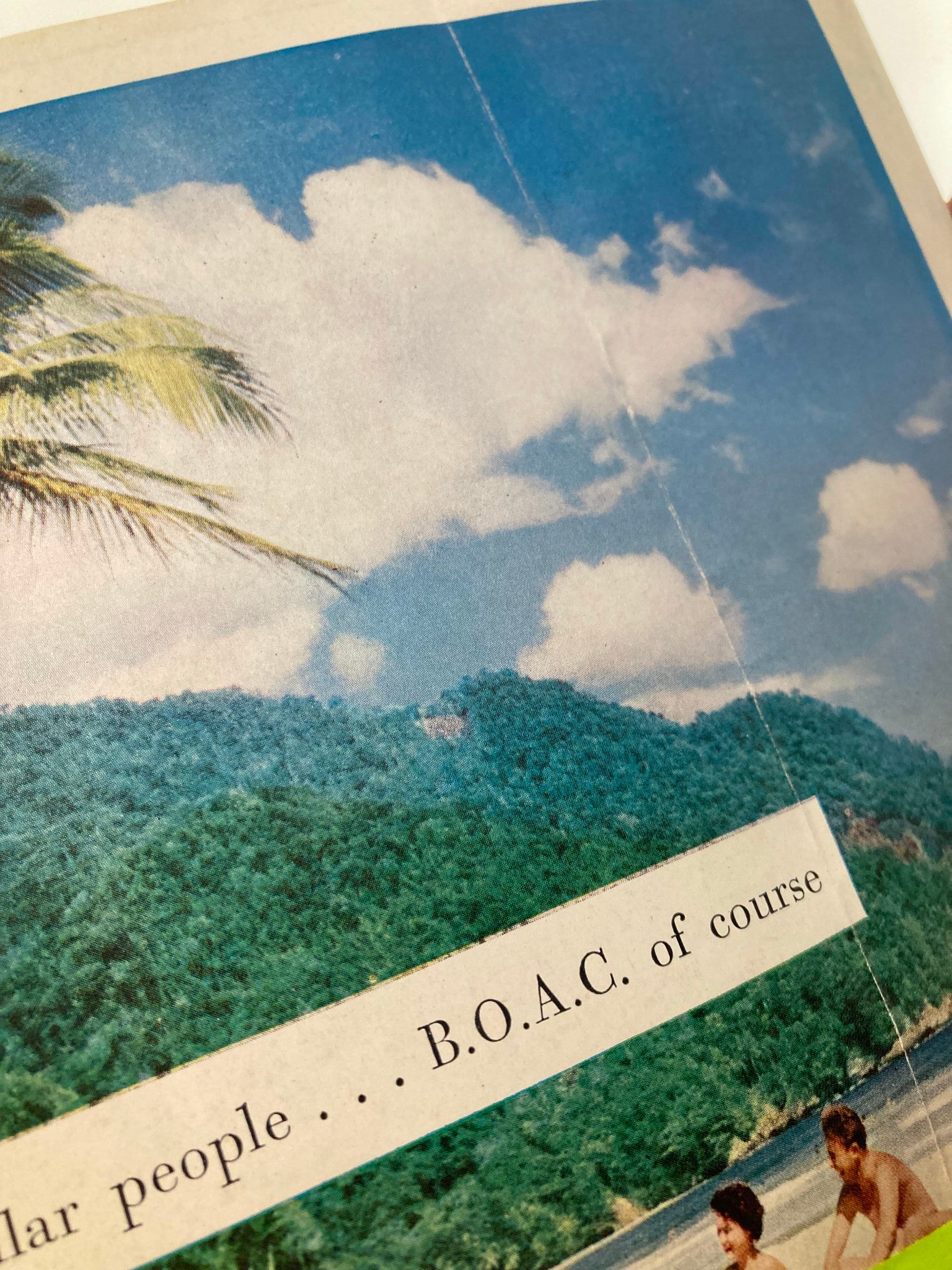 Page from the Vintage Punch Magazine October 16 1957 showing a colorful image of a tropical landscape with a tagline for B.O.A.C., reflecting 1950s travel themes.