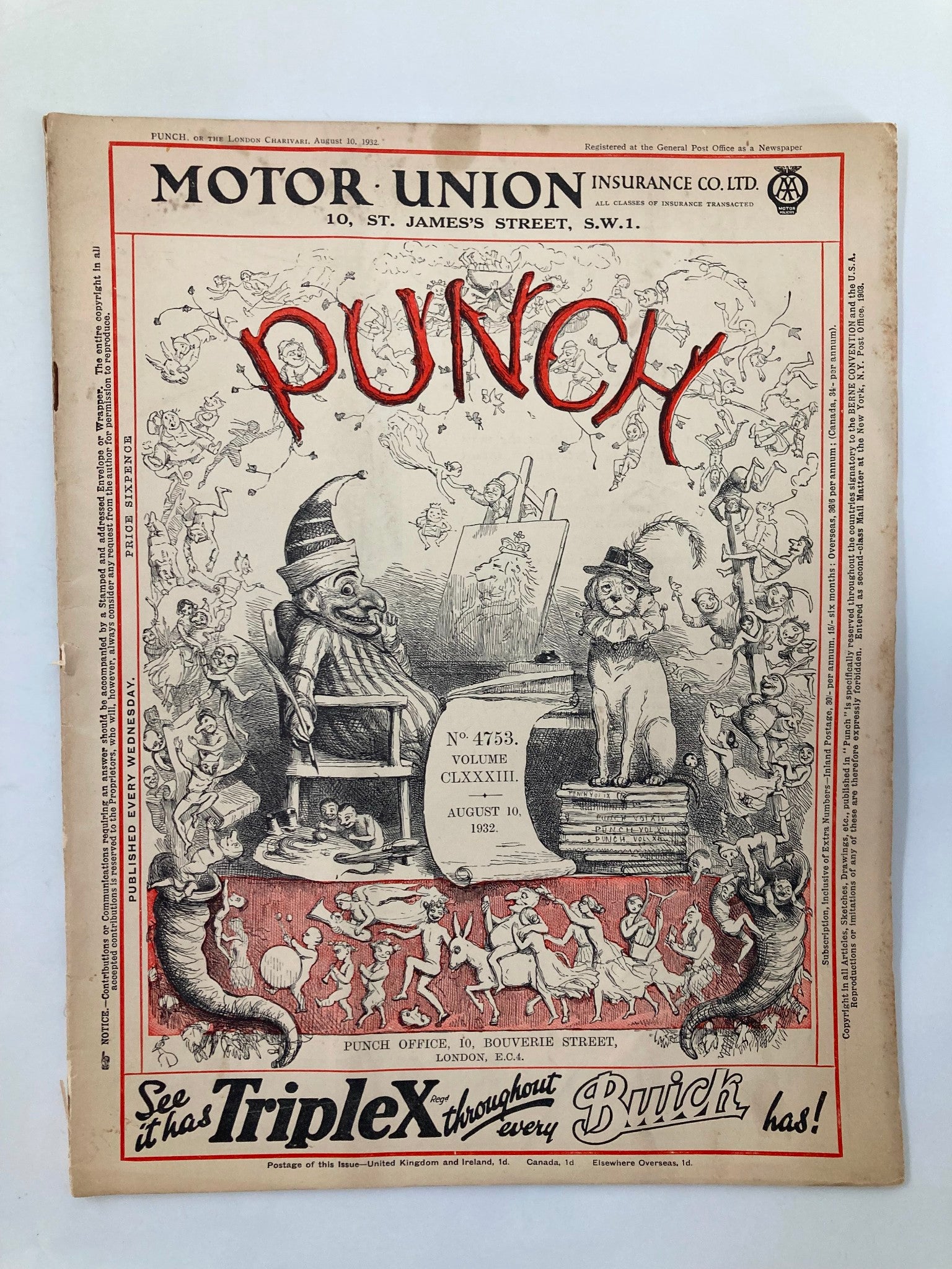 VTG Punch Magazine August 10 1932 #4753 Vol 183 WWII Cartoon & Humour No Label