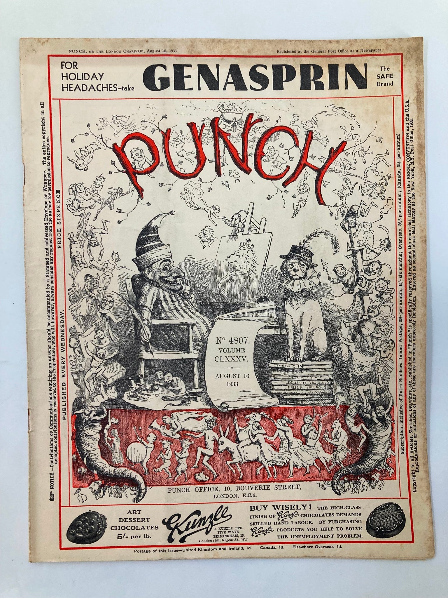 VTG Punch Magazine August 16 1933 #4807 Vol 185 WWII Cartoon & Humour No Label