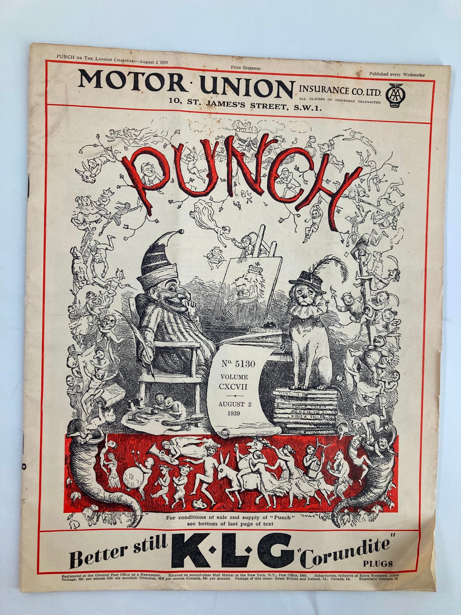 VTG Punch Magazine August 2 1939 #5130 Vol 197 WWII Cartoon & Humour No Label