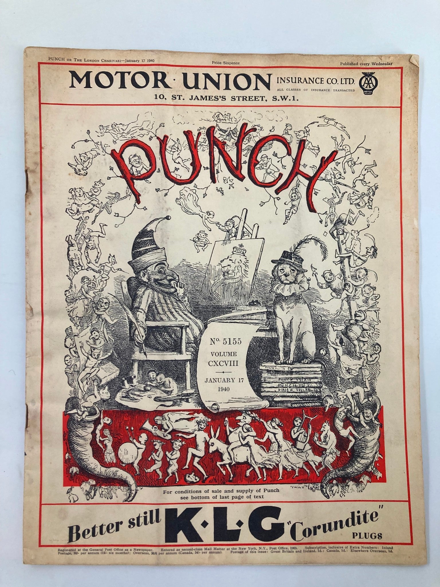 VTG Punch Magazine January 17 1940 #5155 Vol 198 WWII Cartoon & Humour No Label