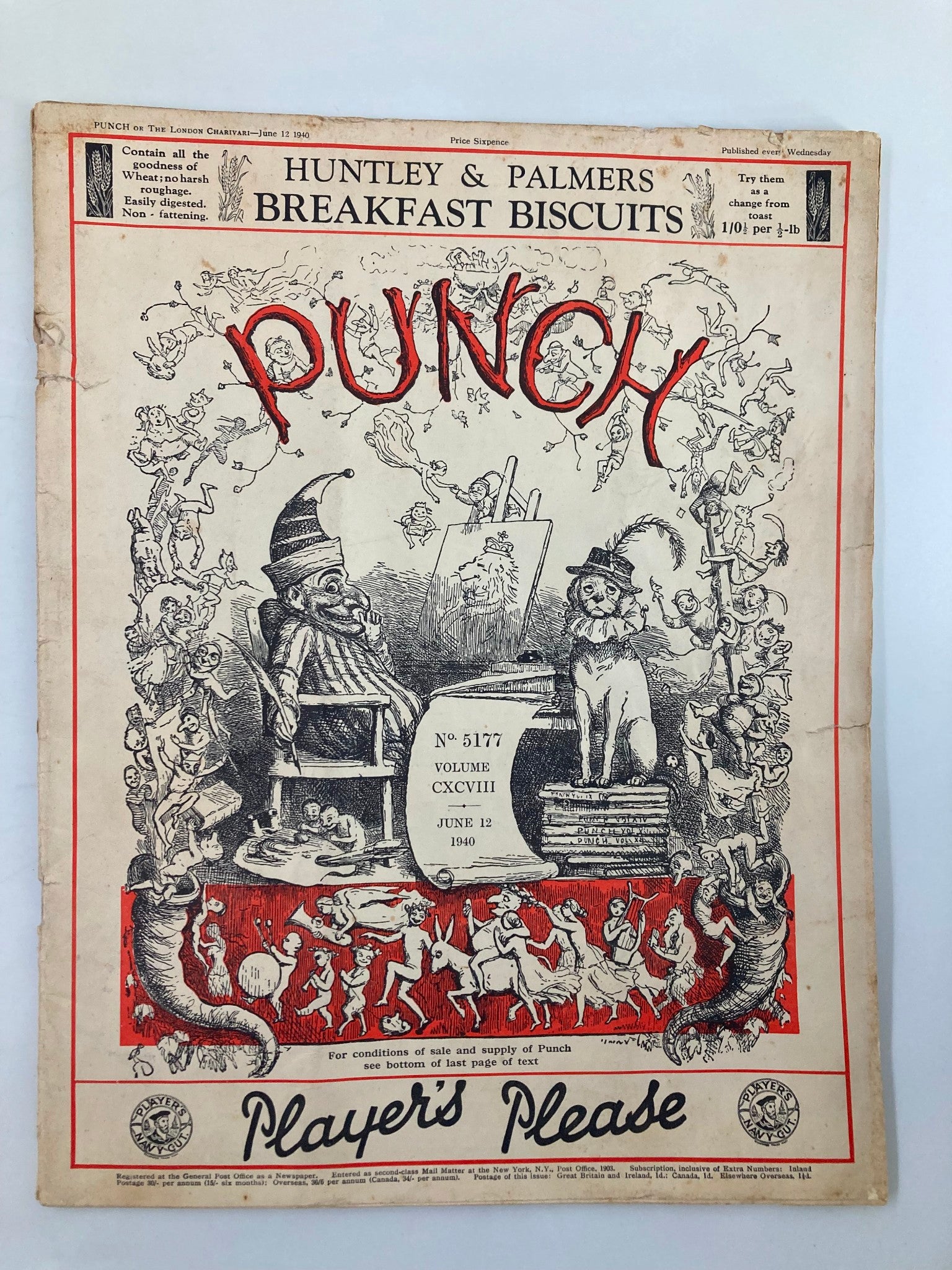 VTG Punch Magazine June 12 1940 #5177 Vol 198 WWII Cartoon & Humour No Label