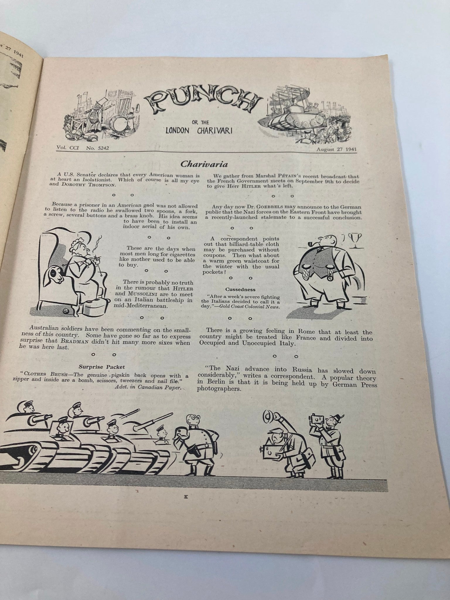 VTG Punch Magazine August 27 1941 #5242 Vol 201 WWII Cartoon & Humour No Label