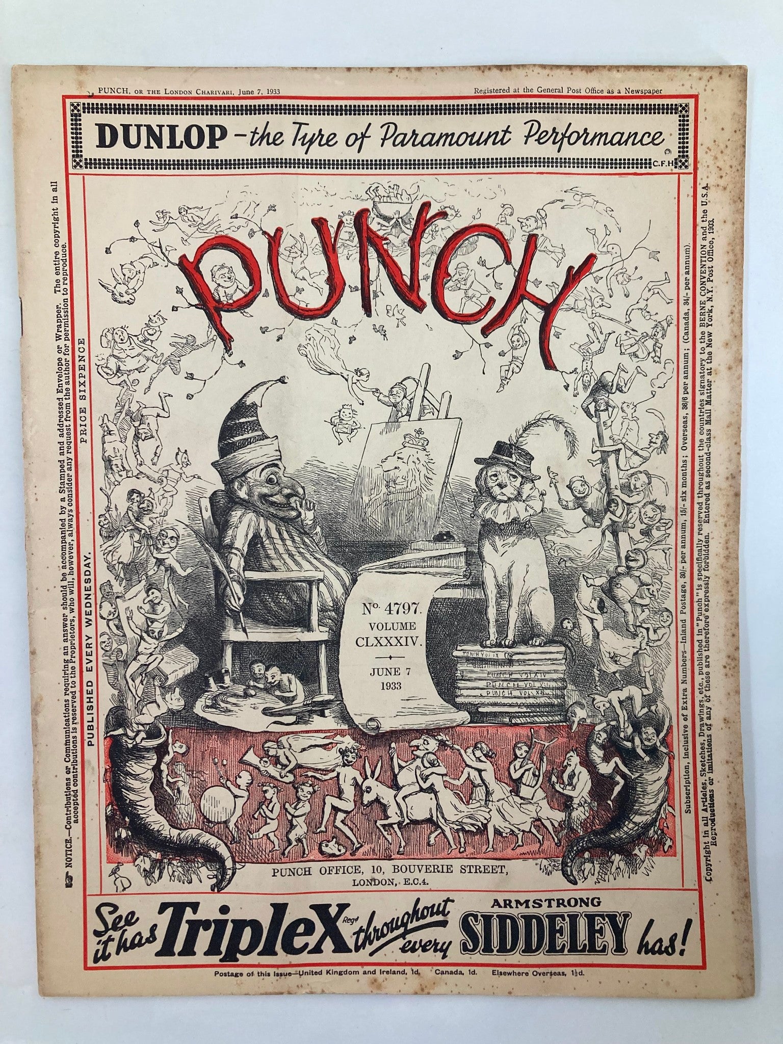 VTG Punch Magazine June 7 1933 #4797 Vol 184 WWII Cartoon & Humour No Label