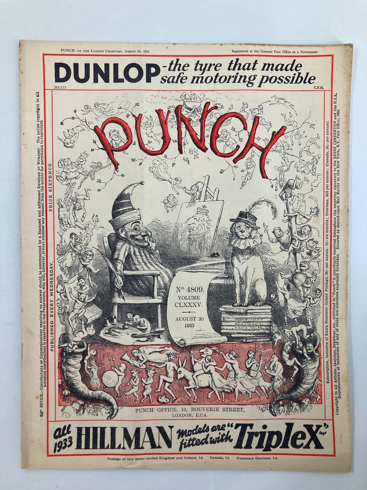 VTG Punch Magazine August 30 1933 #4809 Vol 185 WWII Cartoon & Humour No Label