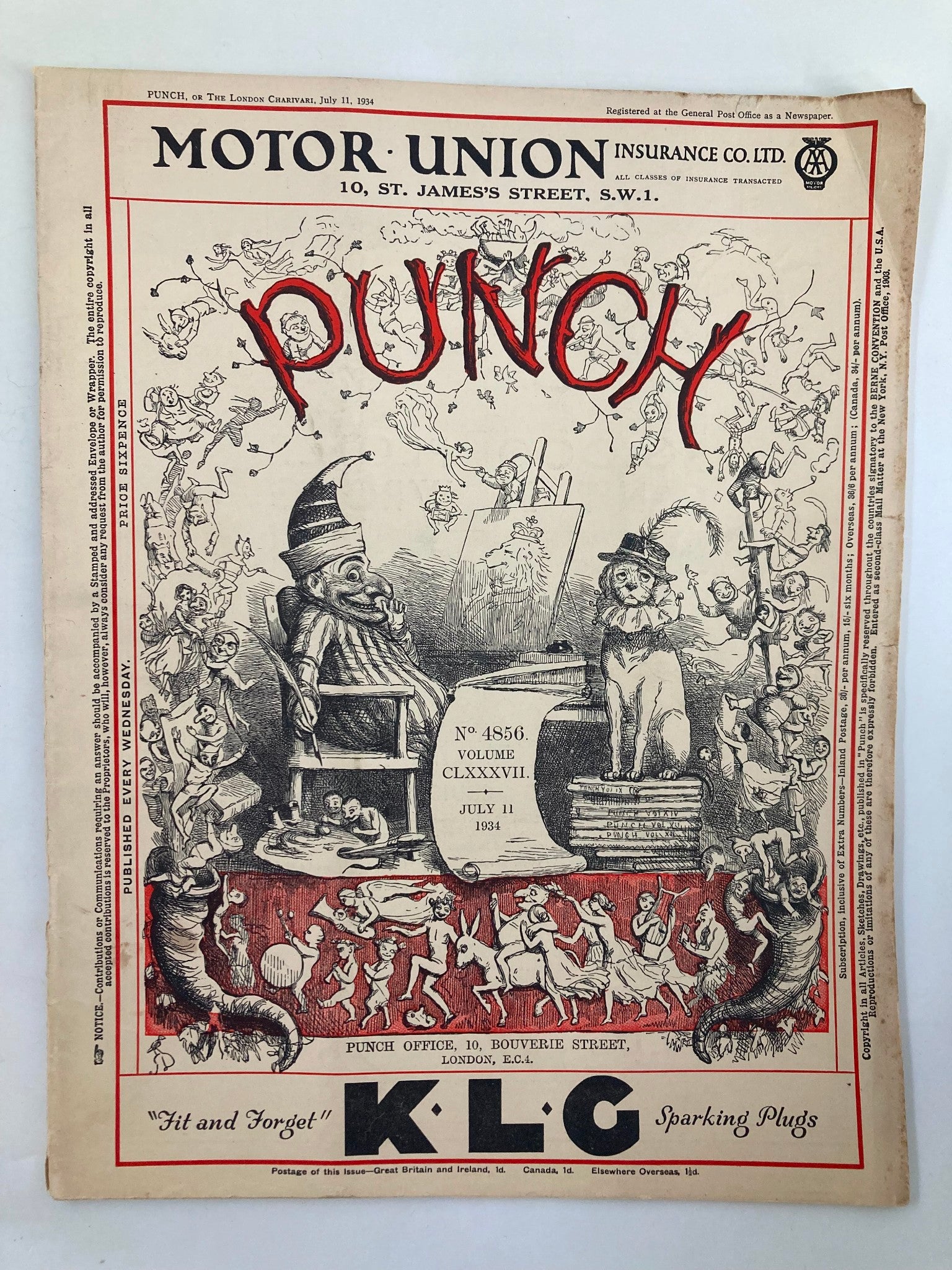 VTG Punch Magazine July 11 1934 #4856 Vol 187 WWII Cartoon & Humour No Label