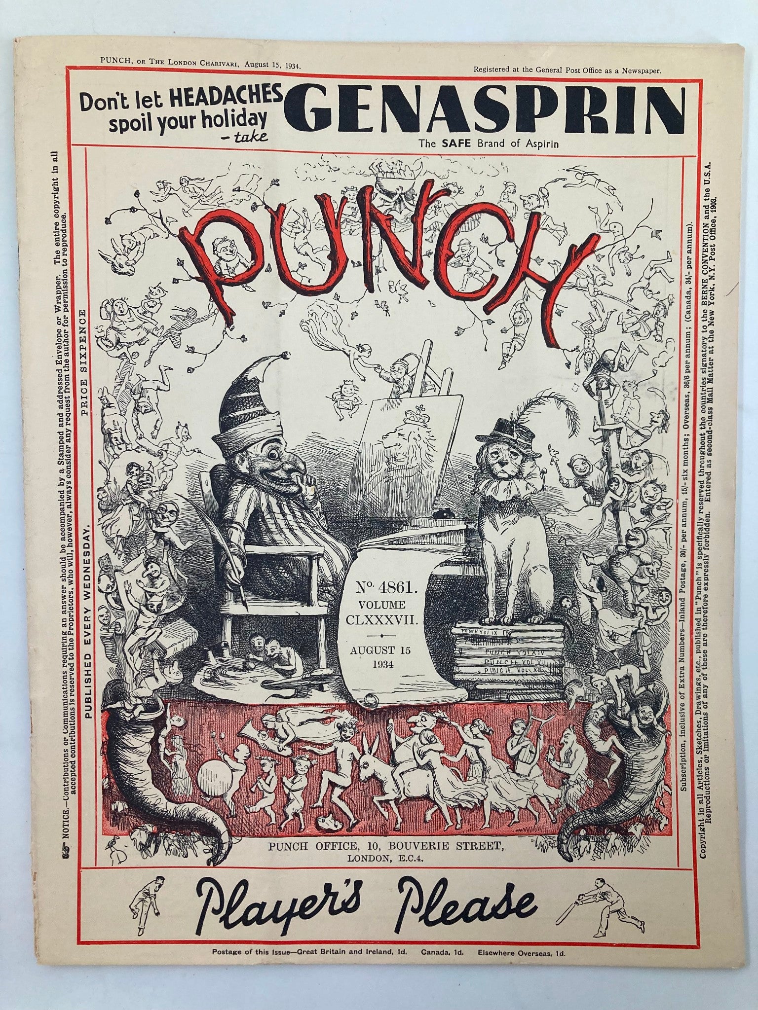 VTG Punch Magazine August 15 1934 #4861 Vol 187 WWII Cartoon & Humour No Label