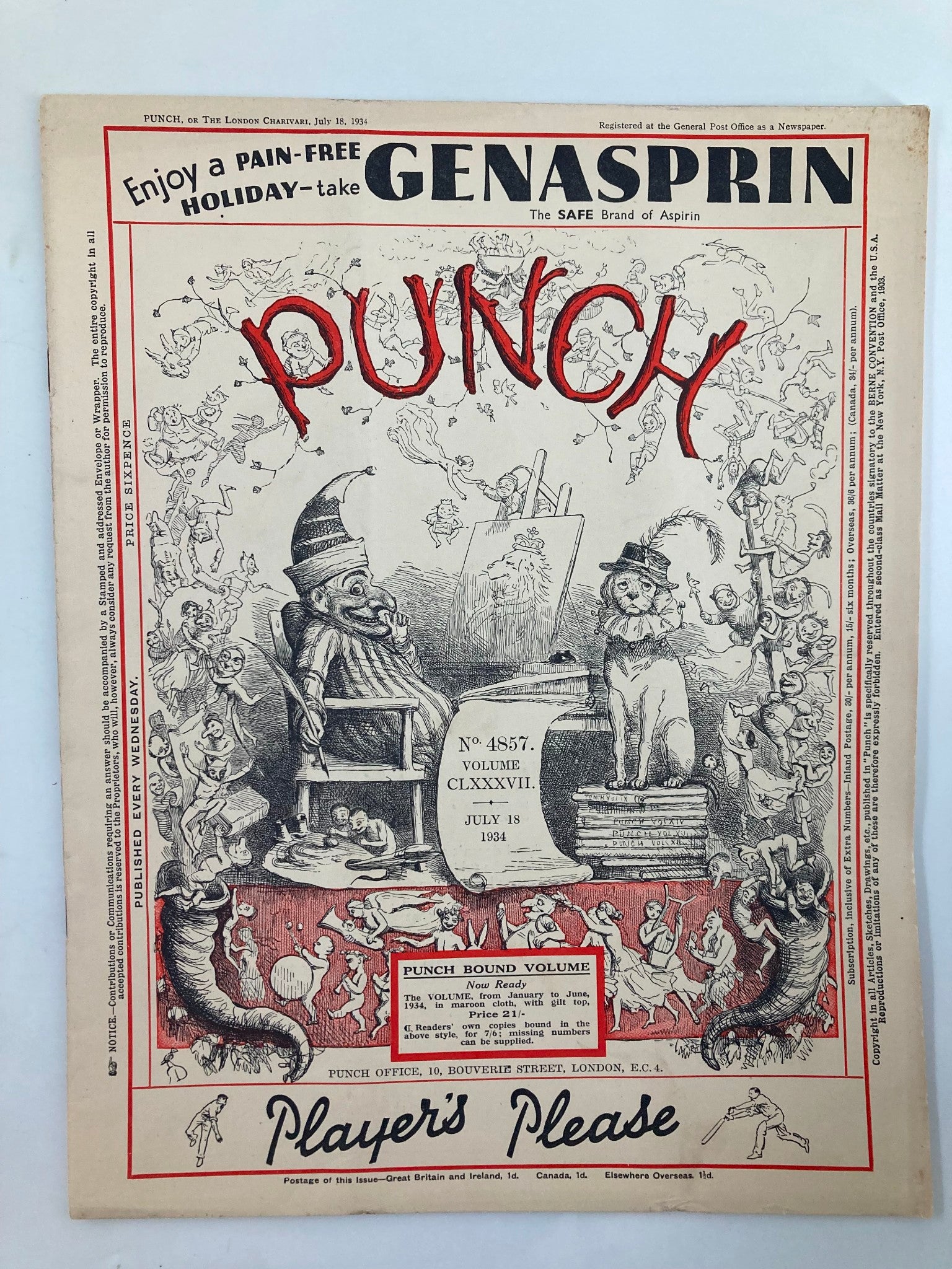 VTG Punch Magazine July 18 1934 #4857 Vol 187 WWII Cartoon & Humour No Label