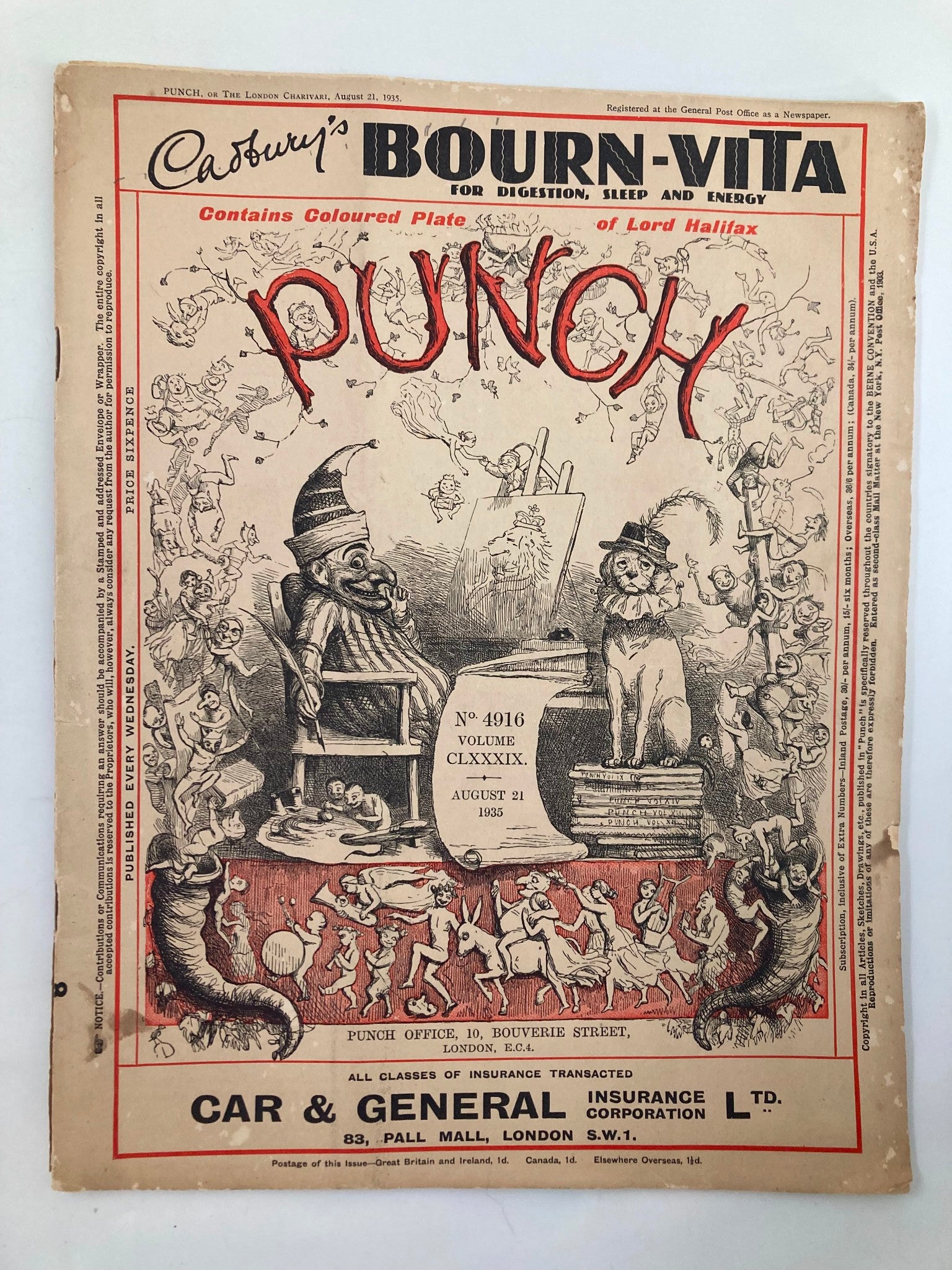 VTG Punch Magazine August 21 1934 #4916 Vol 189 WWII Cartoon & Humour No Label