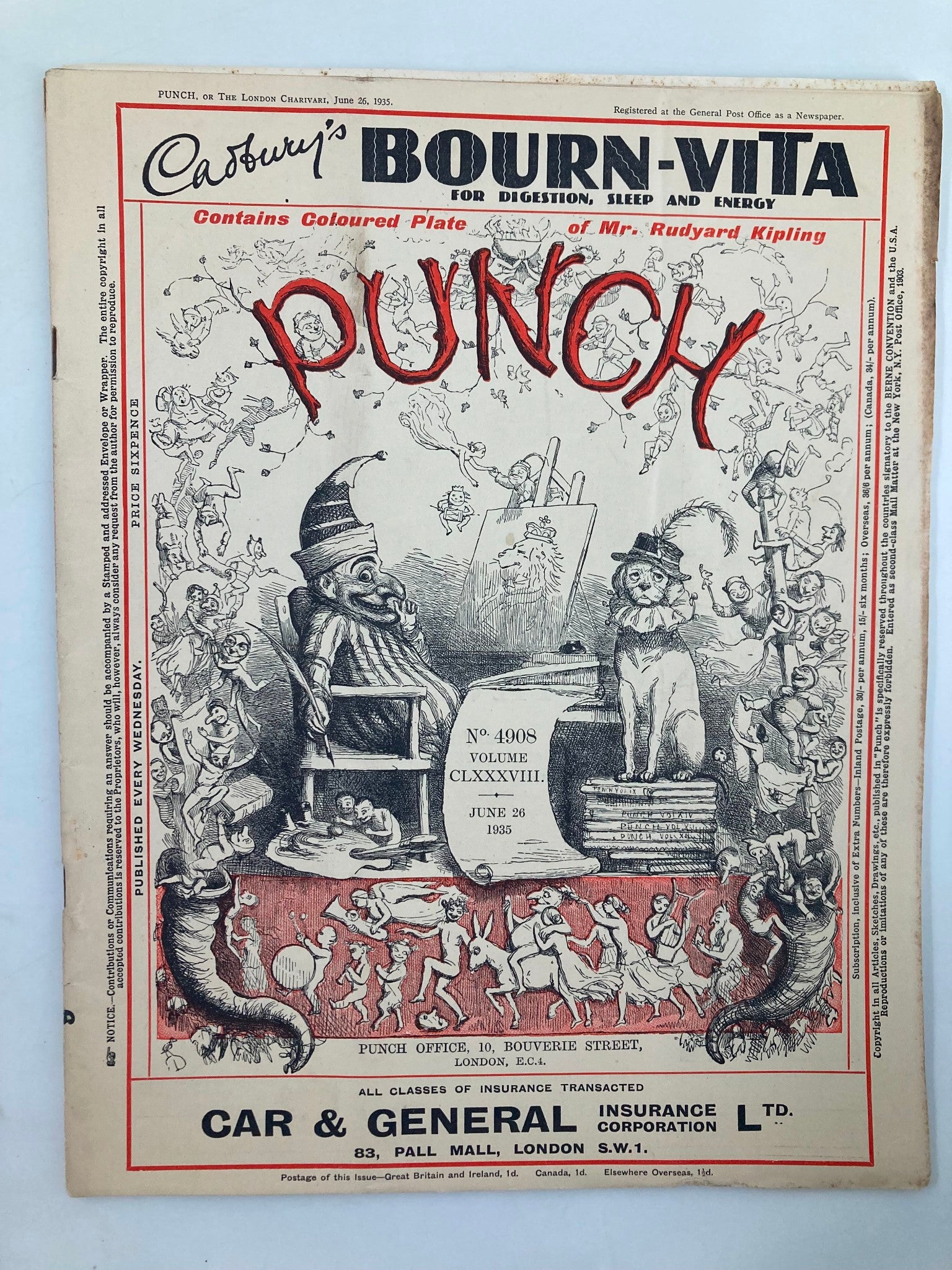 VTG Punch Magazine June 26 1935 #4908 Vol 188 WWII Cartoon & Humour No Label