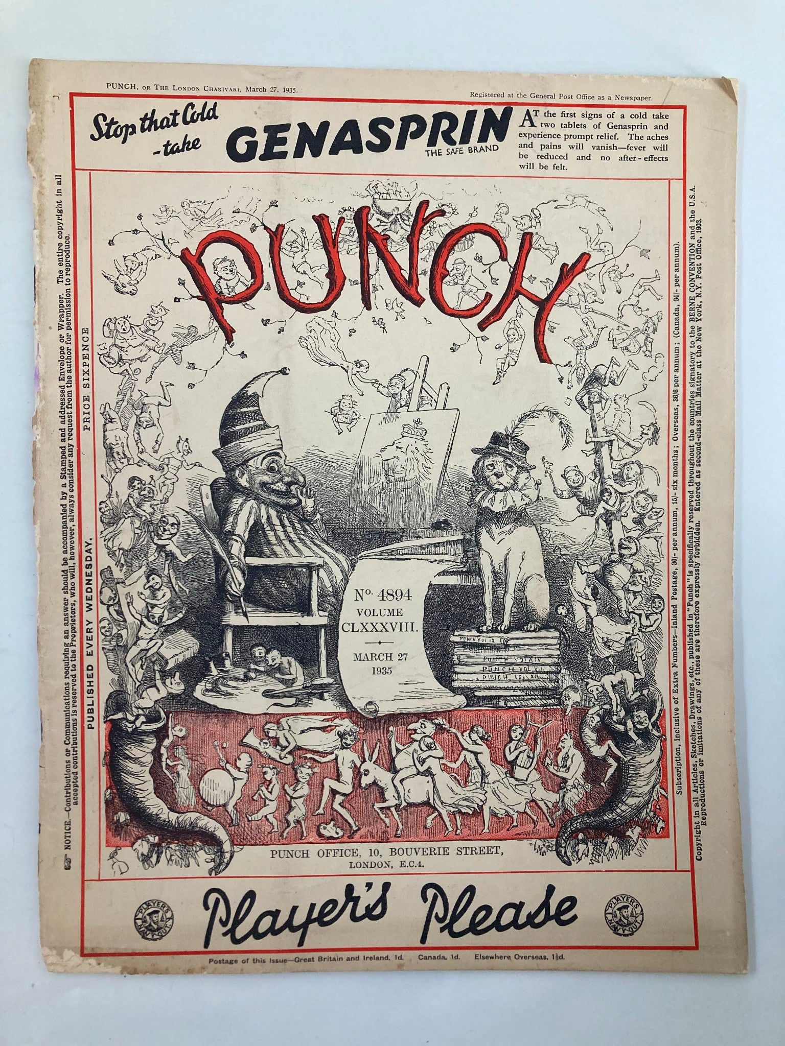 VTG Punch Magazine March 27 1935 #4894 Vol 188 WWII Cartoon & Humour No Label