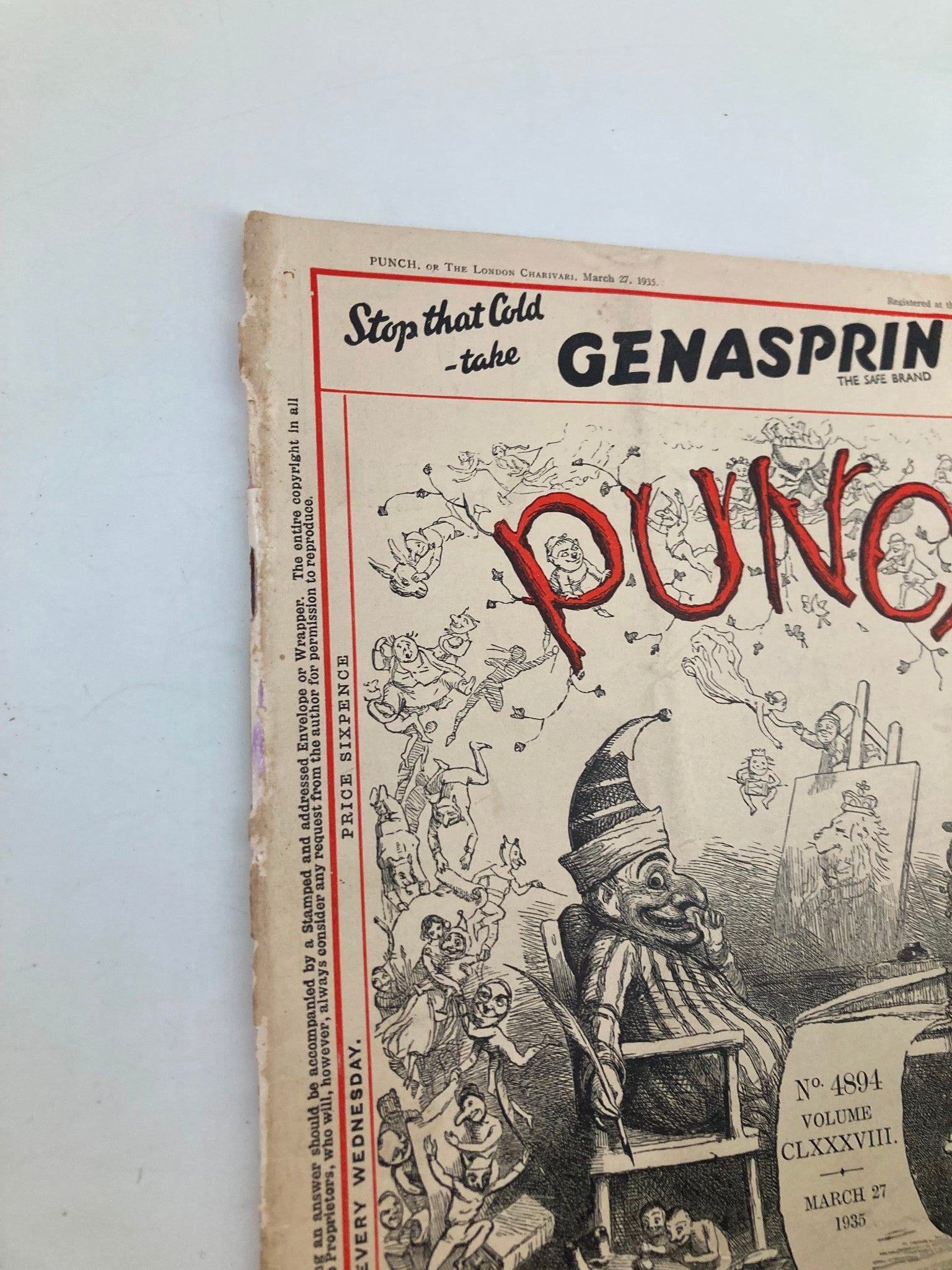 VTG Punch Magazine March 27 1935 #4894 Vol 188 WWII Cartoon & Humour No Label