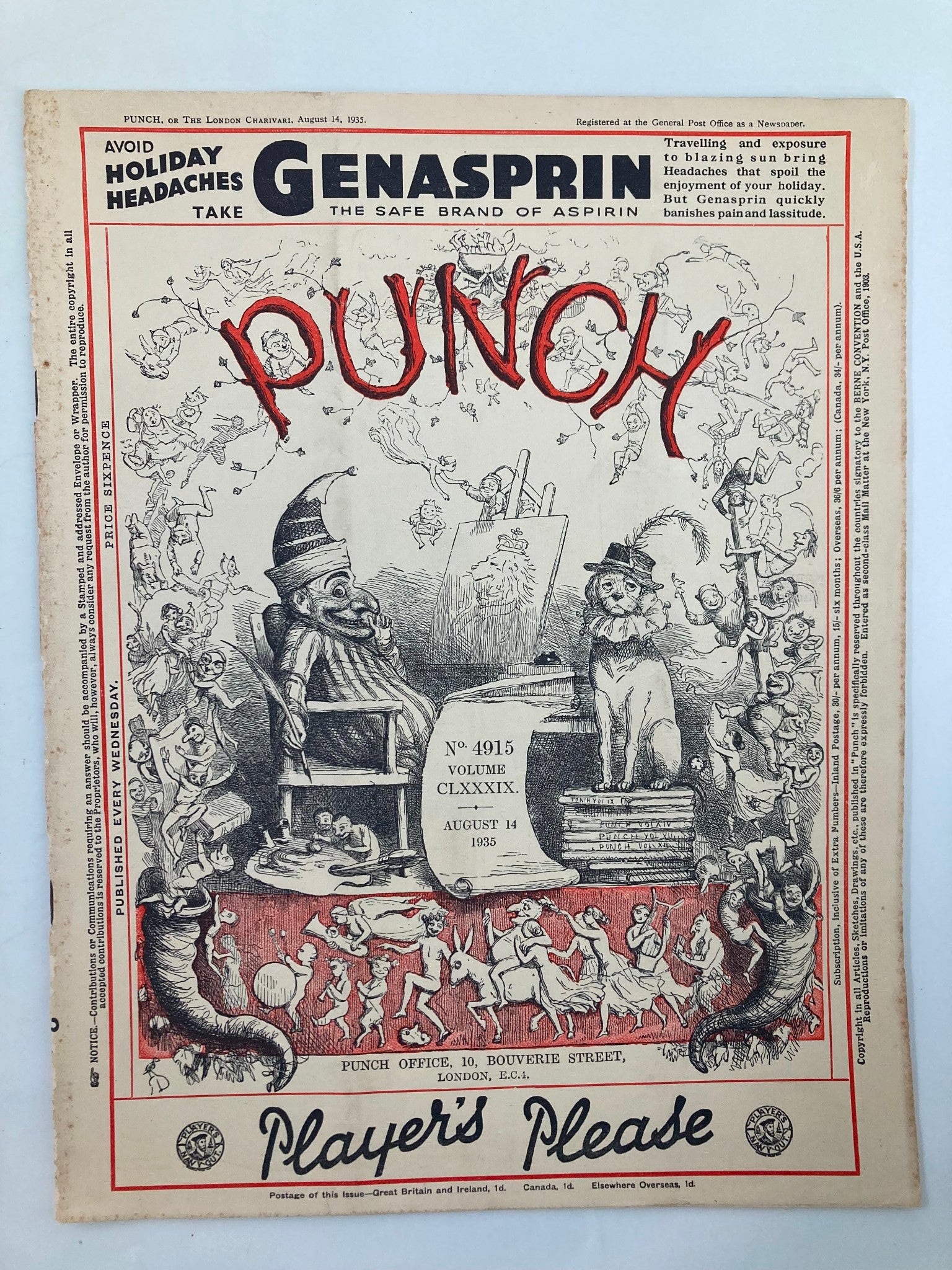 VTG Punch Magazine August 14 1935 #4915 Vol 189 WWII Cartoon & Humour No Label