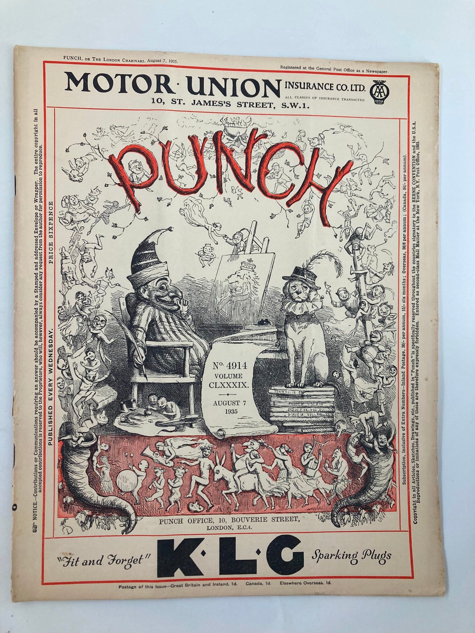 VTG Punch Magazine August 7 1935 #4914 Vol 189 WWII Cartoon & Humour No Label