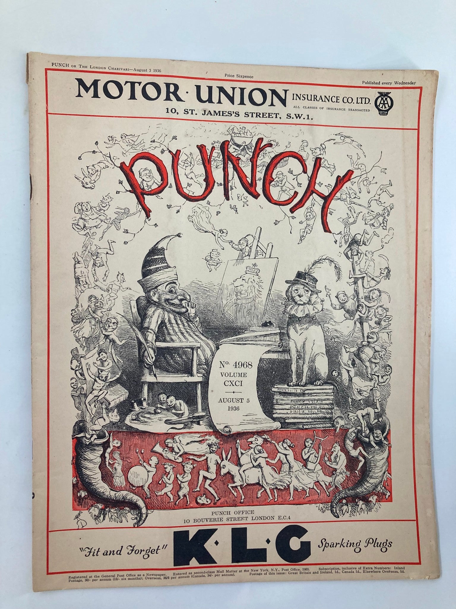 VTG Punch Magazine August 5 1936 #4968 Vol 191 WWII Cartoon & Humour No Label