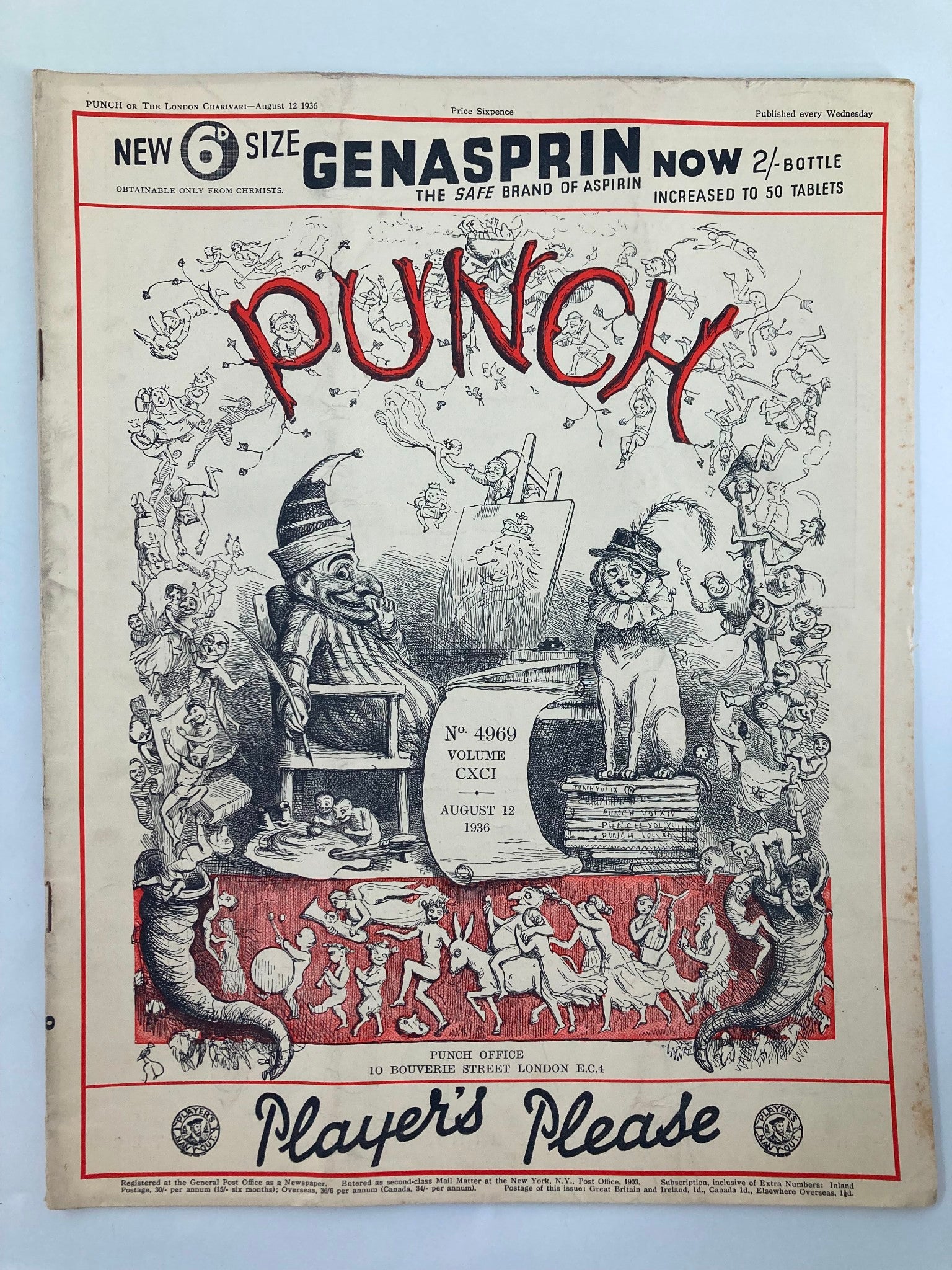 VTG Punch Magazine August 12 1936 #4968 Vol 191 WWII Cartoon & Humour No Label