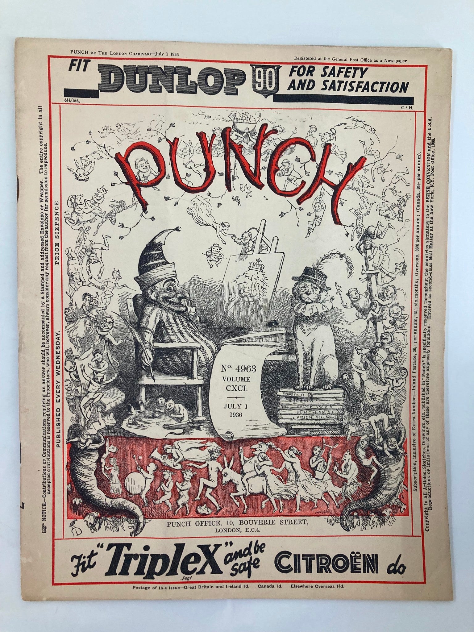 VTG Punch Magazine July 1 1936 #4963 Vol 191 WWII Cartoon & Humour No Label