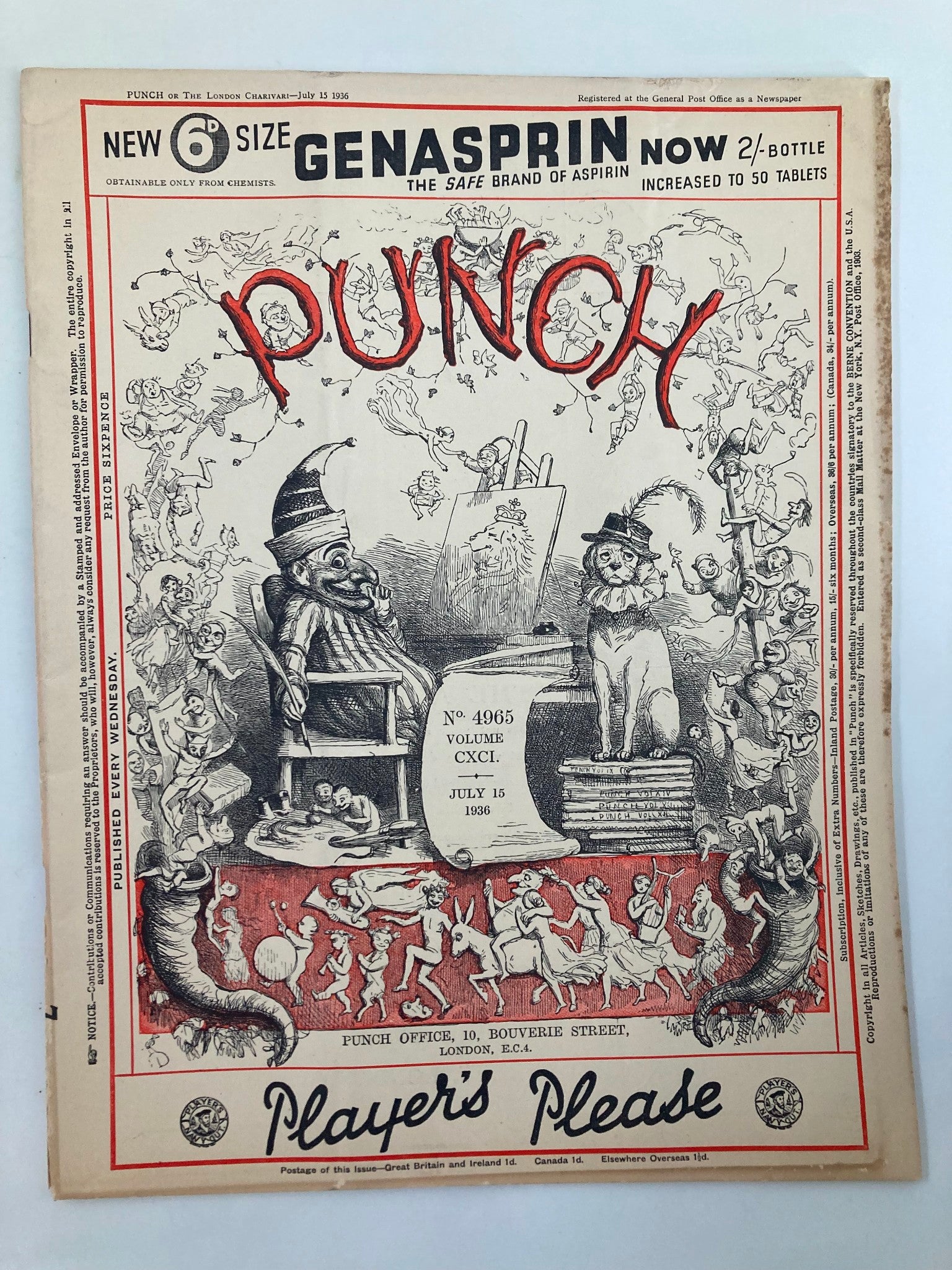 VTG Punch Magazine July 15 1936 #4965 Vol 191 WWII Cartoon & Humour No Label