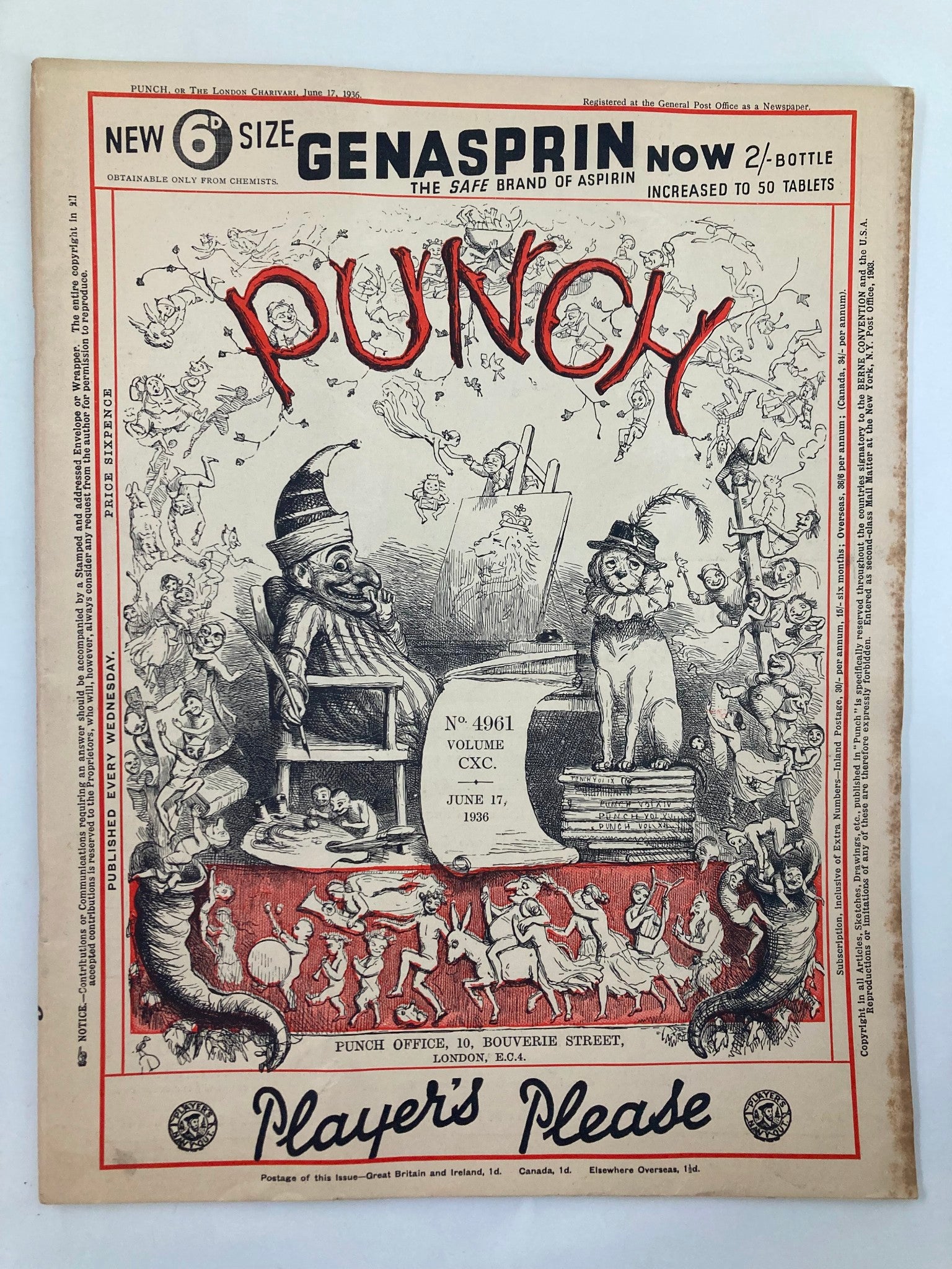 VTG Punch Magazine June 17 1936 #4961 Vol 190 WWII Cartoon & Humour No Label