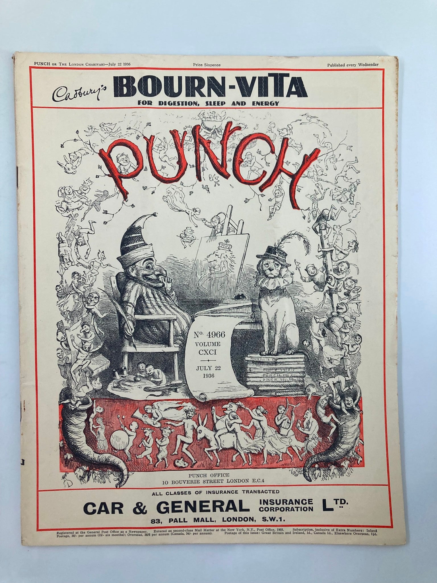 VTG Punch Magazine July 22 1936 #4966 Vol 191 WWII Cartoon & Humour No Label