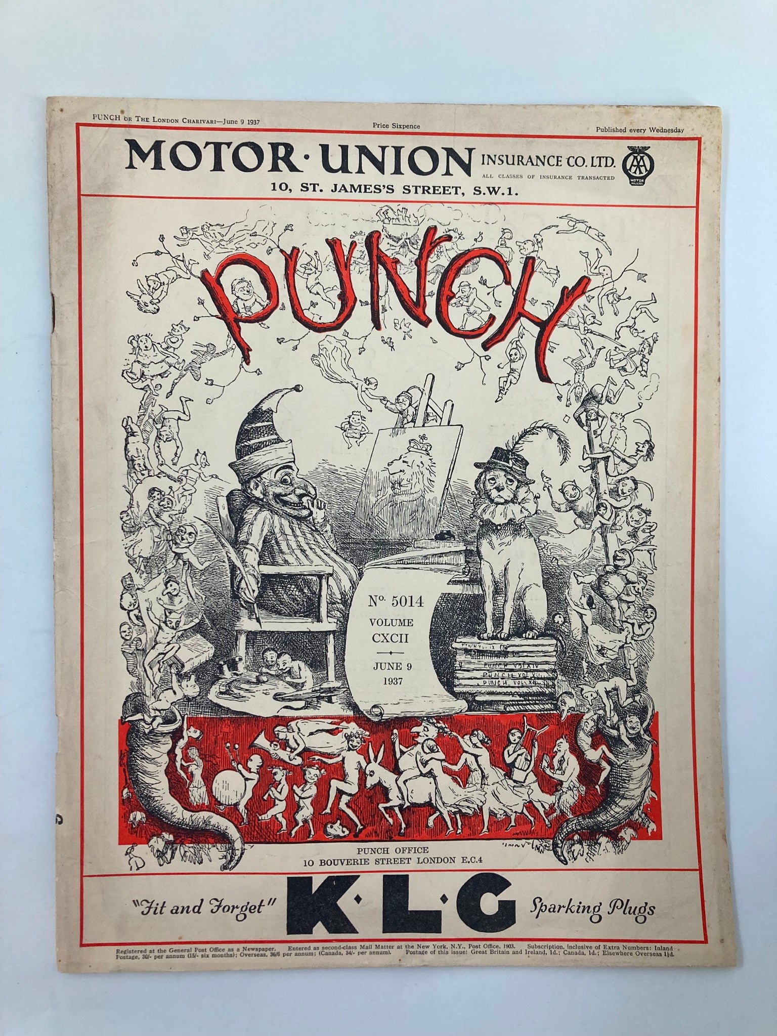 VTG Punch Magazine June 9 1937 #5014 Vol 192 WWII Cartoon & Humour No Label