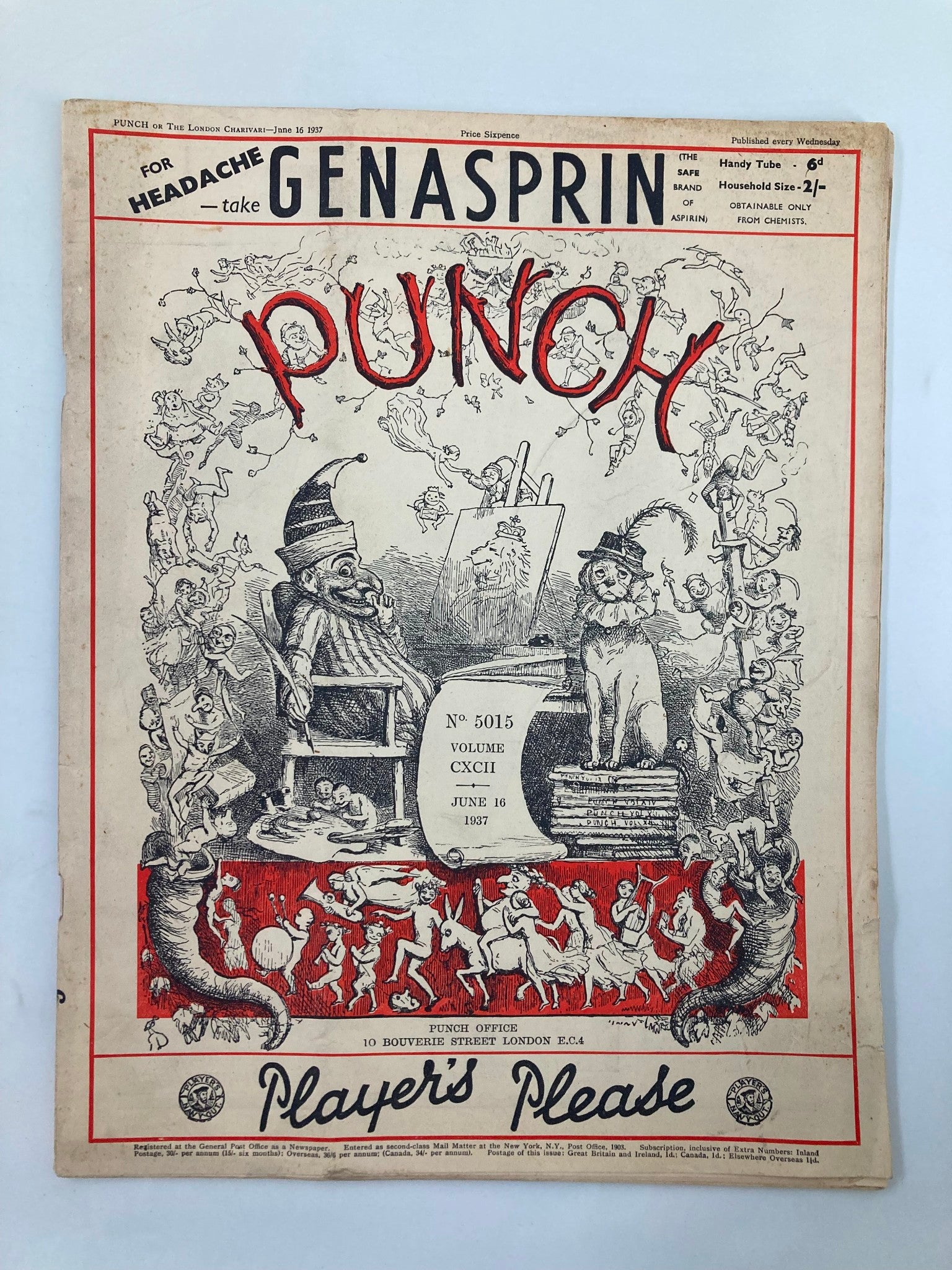 VTG Punch Magazine June 16 1937 #5015 Vol 192 WWII Cartoon & Humour No Label