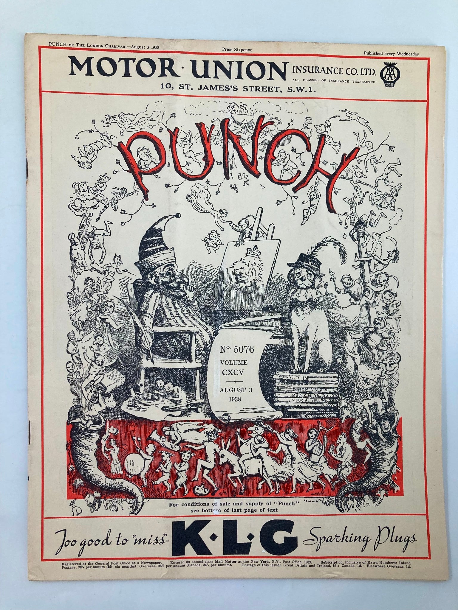 VTG Punch Magazine August 3 1938 #5076 Vol 195 WWII Cartoon & Humour No Label