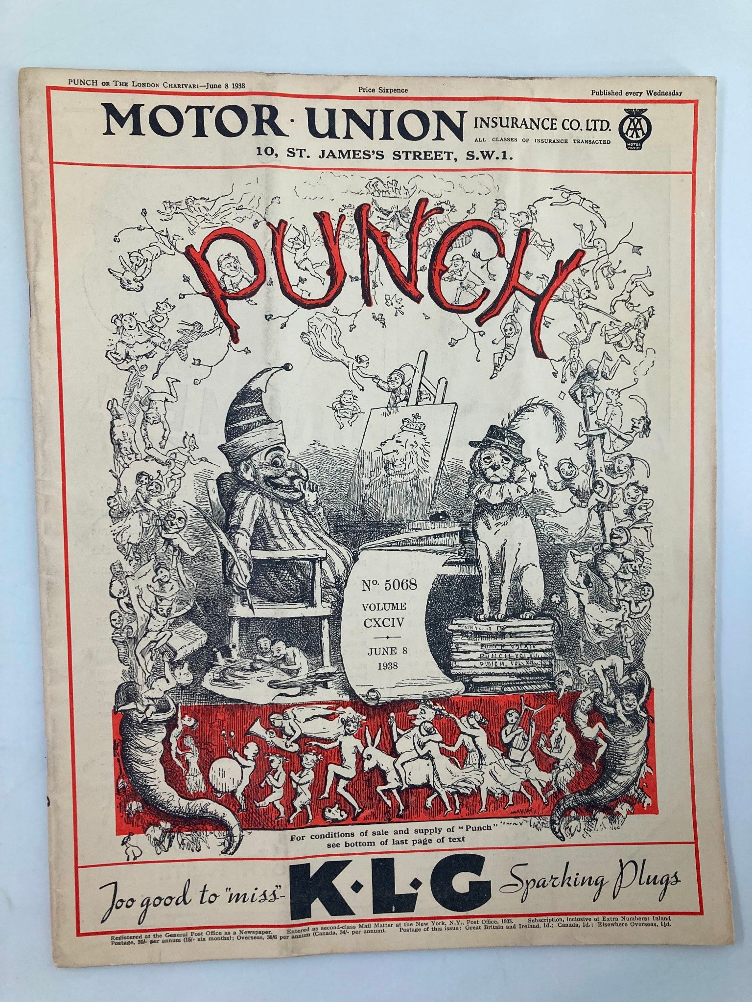 VTG Punch Magazine June 8 1938 #5068 Vol 194 WWII Cartoon & Humour No Label