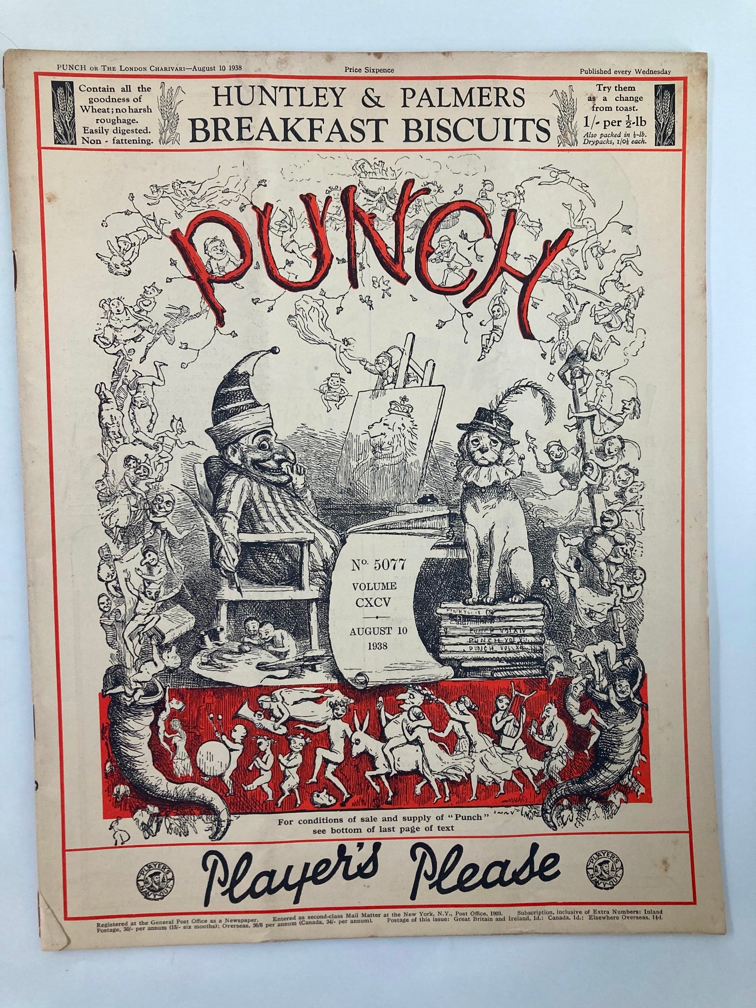 VTG Punch Magazine August 10 1938 #5077 Vol 195 WWII Cartoon & Humour No Label